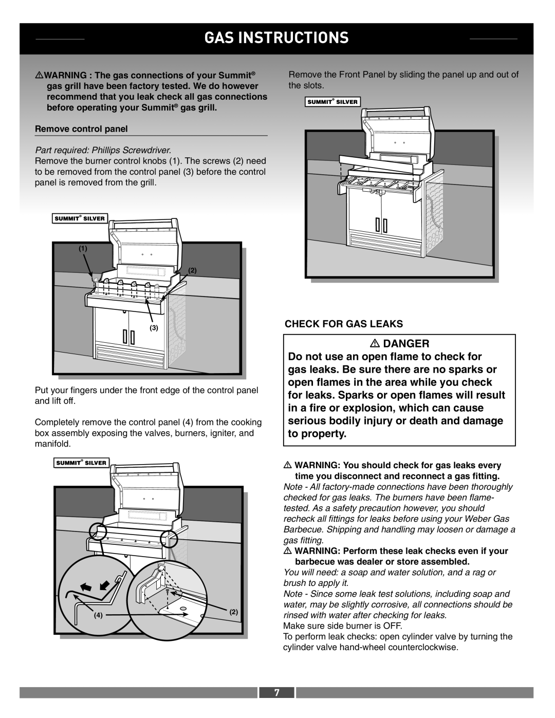 Weber 42371 manual Check for GAS Leaks, Remove control panel 