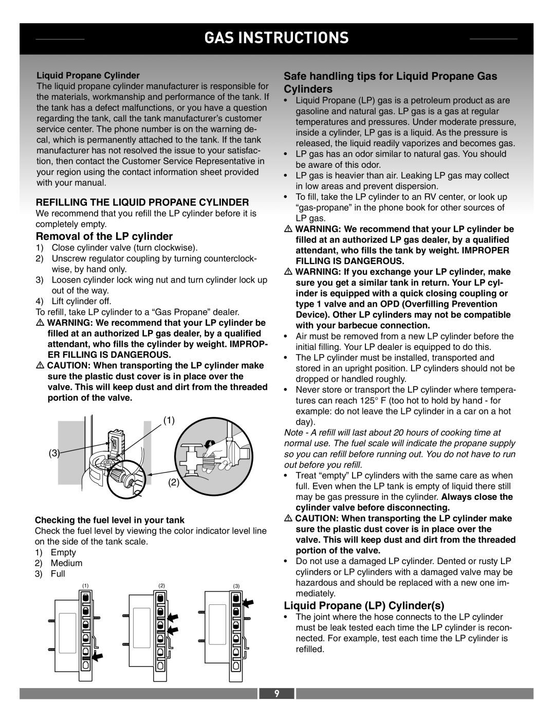 Weber 42371 Removal of the LP cylinder, Safe handling tips for Liquid Propane Gas Cylinders, Liquid Propane LP Cylinders 