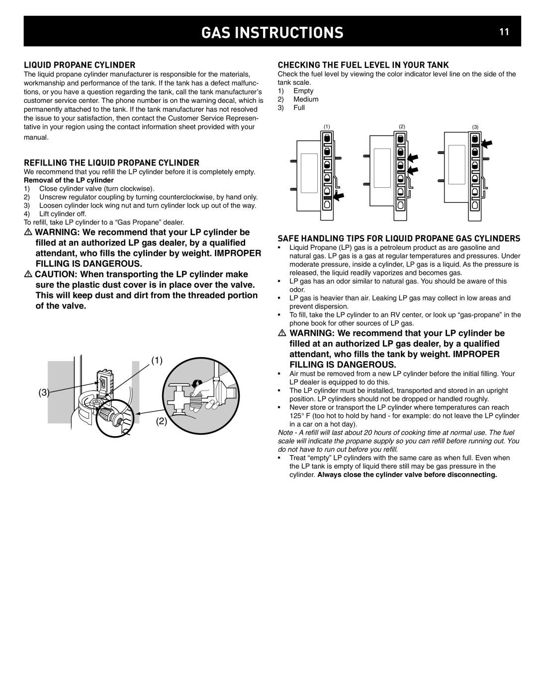 Weber 42372 Refilling the Liquid Propane Cylinder, Checking the Fuel Level in Your Tank, Removal of the LP cylinder 