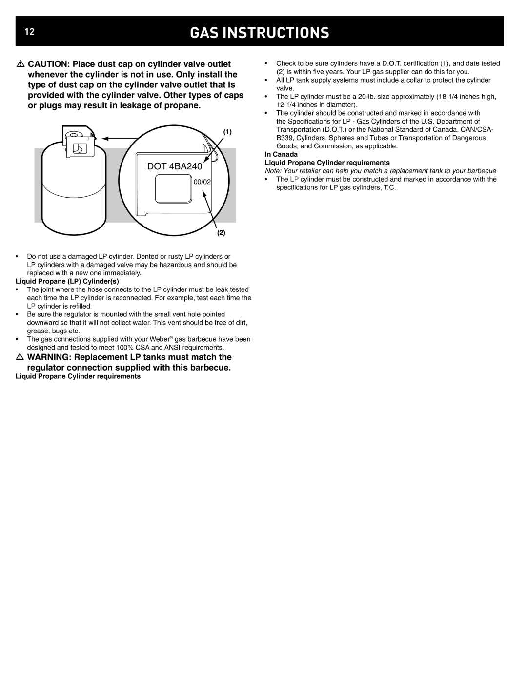 Weber 42372 manual Liquid Propane LP Cylinders, Canada Liquid Propane Cylinder requirements 