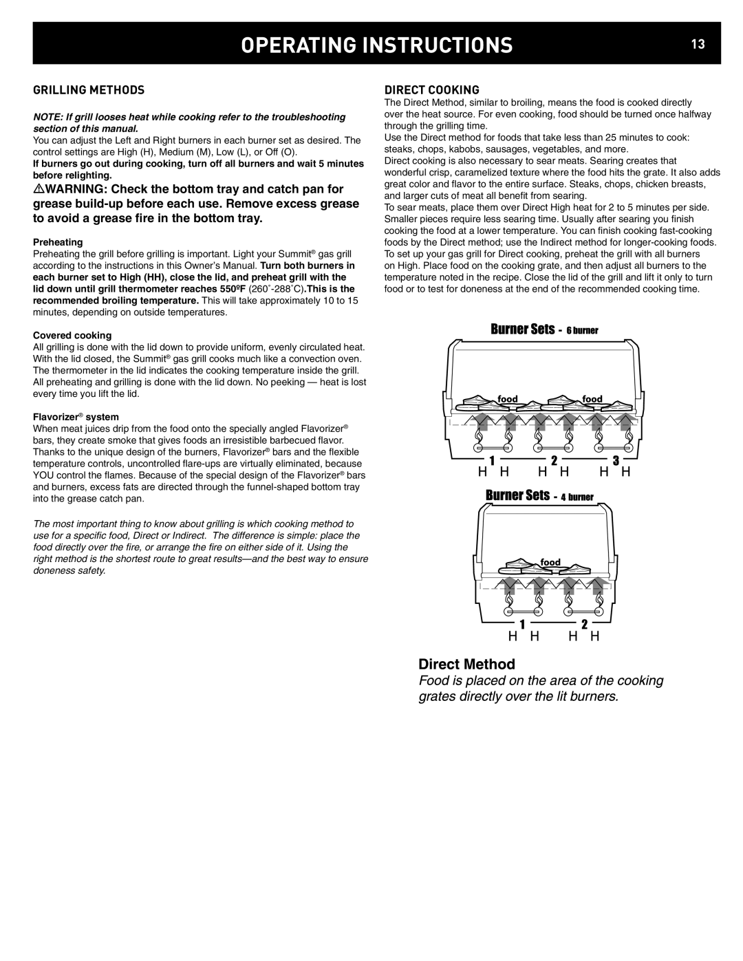 Weber 42372 manual Operating Instructions, Grilling Methods, Direct Cooking, Flavorizer system 