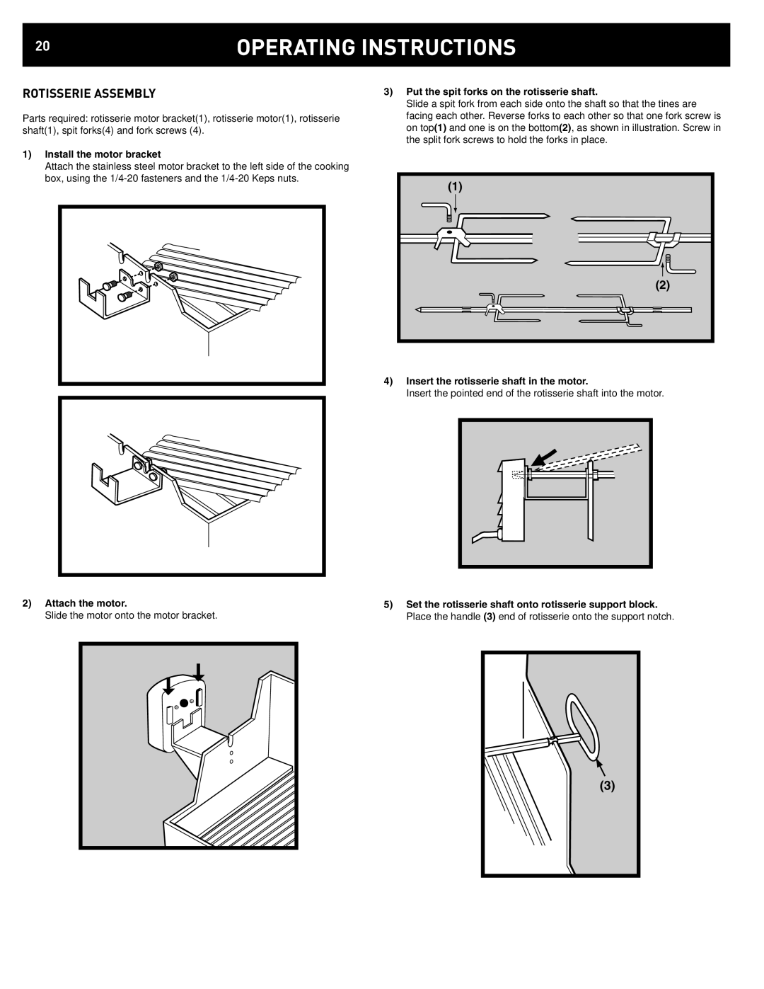 Weber 42372 manual Rotisserie Assembly, Install the motor bracket, Put the spit forks on the rotisserie shaft 