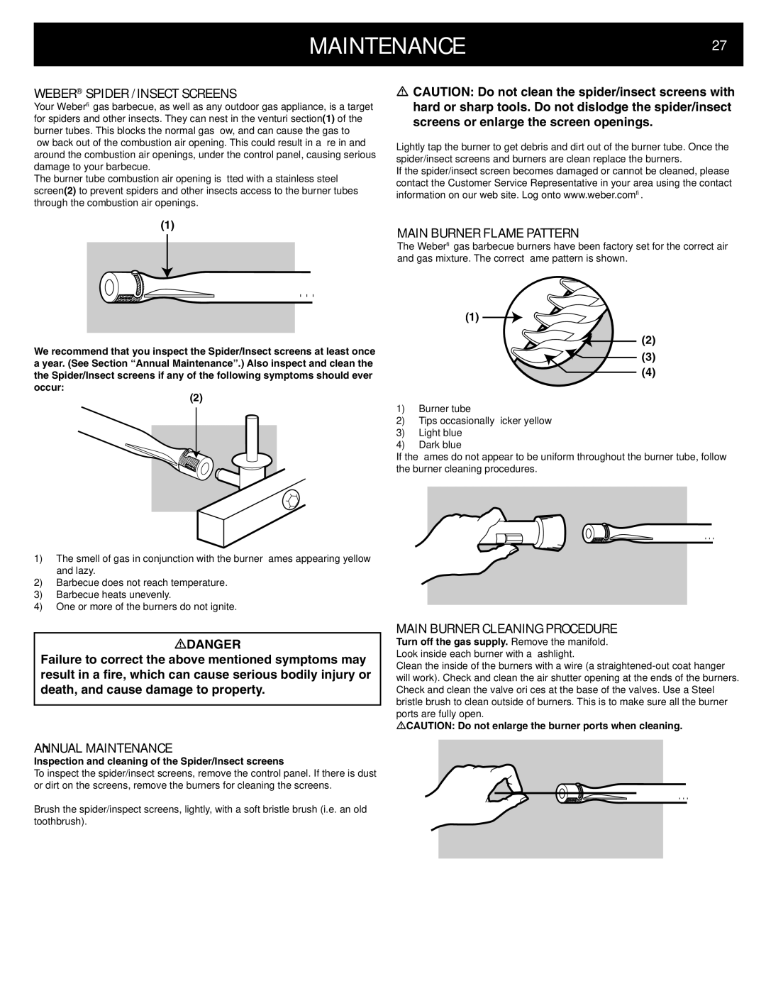 Weber 42372 manual MAINTENANCE27, Weber Spider /INSECT Screens, Main Burner Flame Pattern, Main Burner Cleaning Procedure 