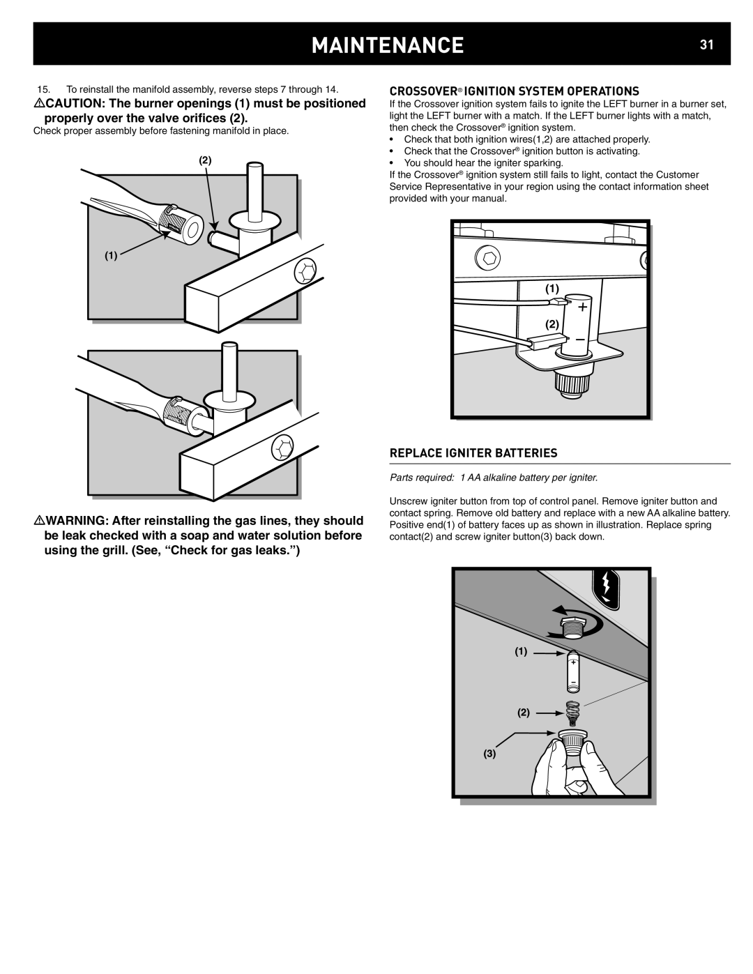 Weber 42372 manual MAINTENANCE31, Crossover Ignition System Operations, Replace Igniter Batteries 