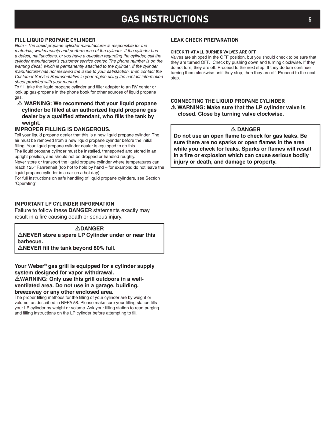 Weber 42372 GAS Instructions, Fill Liquid Propane Cylinder, Leak Check Preparation, Connecting the Liquid Propane Cylinder 