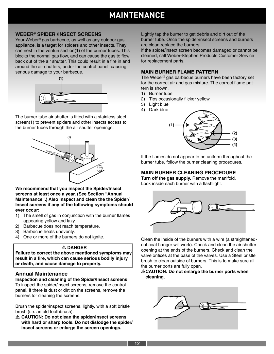 Weber 42373 manual Annual Maintenance, Weber Spider /INSECT Screens, Main Burner Flame Pattern 