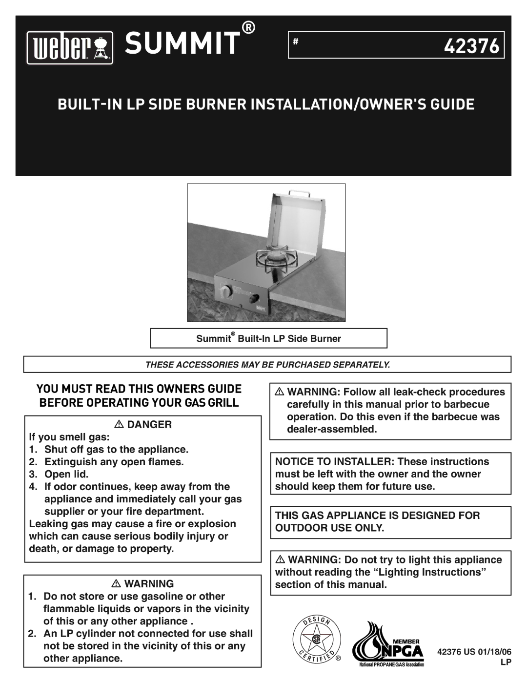 Weber Built In LP Side Burner, 42376 manual Summit, BUILT-IN LP Side Burner INSTALLATION/OWNERS Guide 