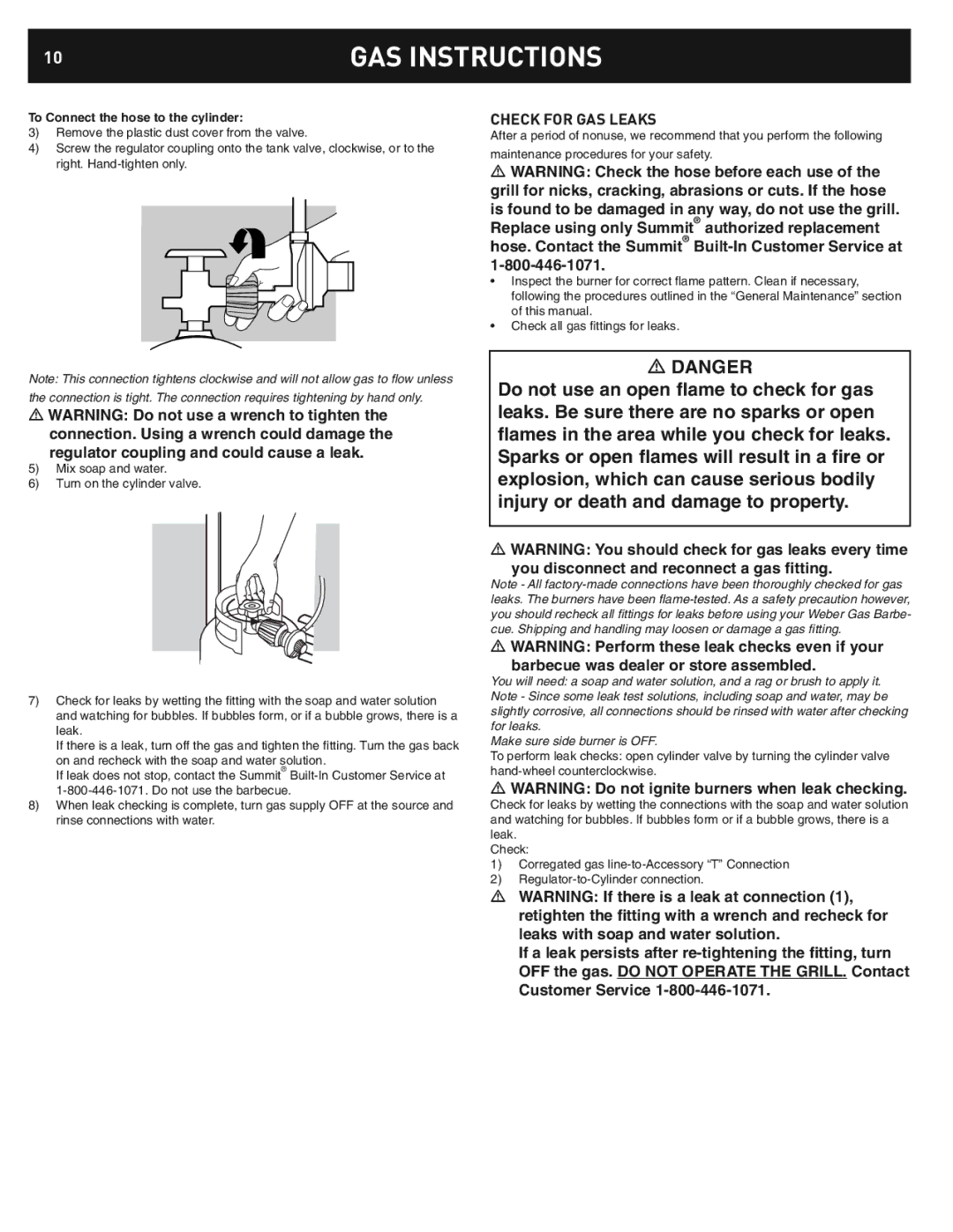 Weber 42376, Built In LP Side Burner manual Check for GAS Leaks, To Connect the hose to the cylinder 