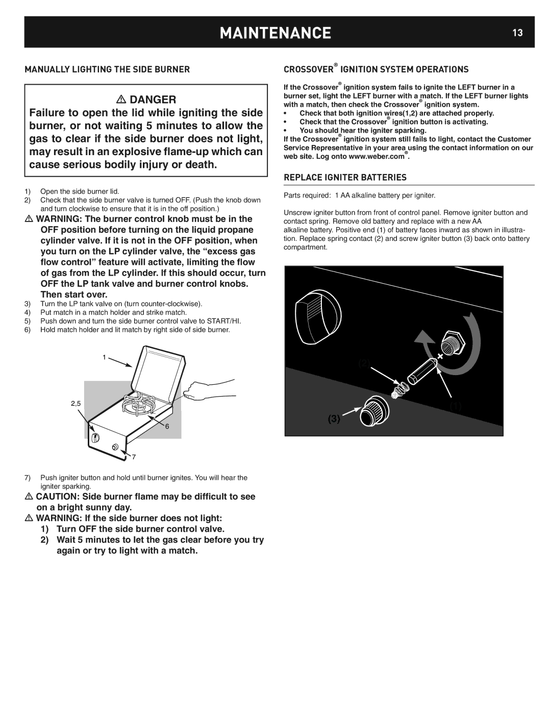 Weber Built In LP Side Burner manual MAINTENANCE13, Manually Lighting the Side Burner, Crossover Ignition System Operations 