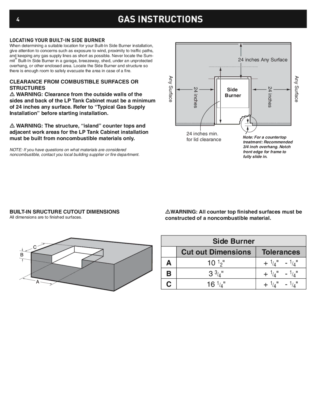 Weber 42376 manual GAS Instructions, Locating Your BUILT-IN Side Burner, All dimensions are to ﬁ nished surfaces 