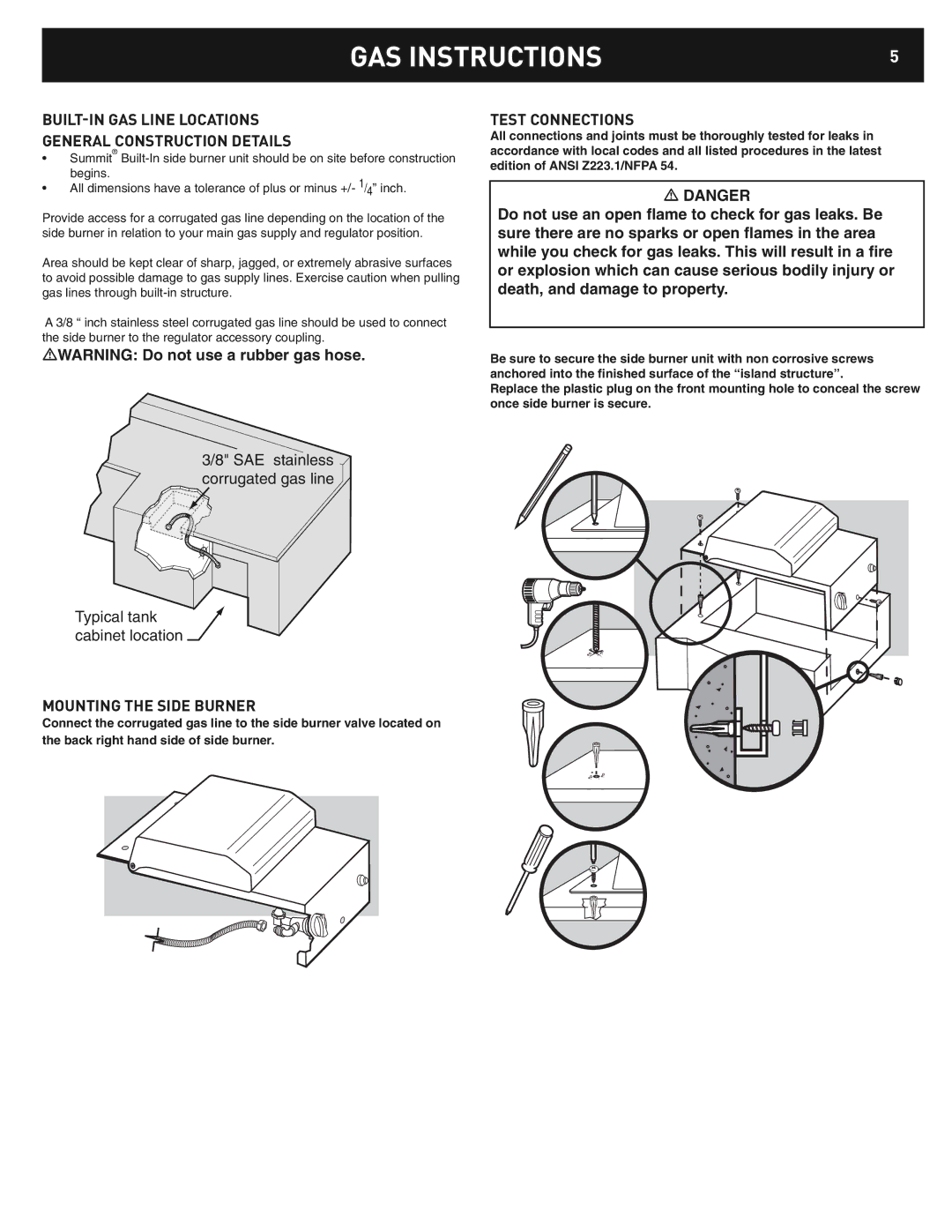 Weber Built In LP Side Burner, 42376 manual BUILT-IN GAS Line Locations General Construction Details, Test Connections 