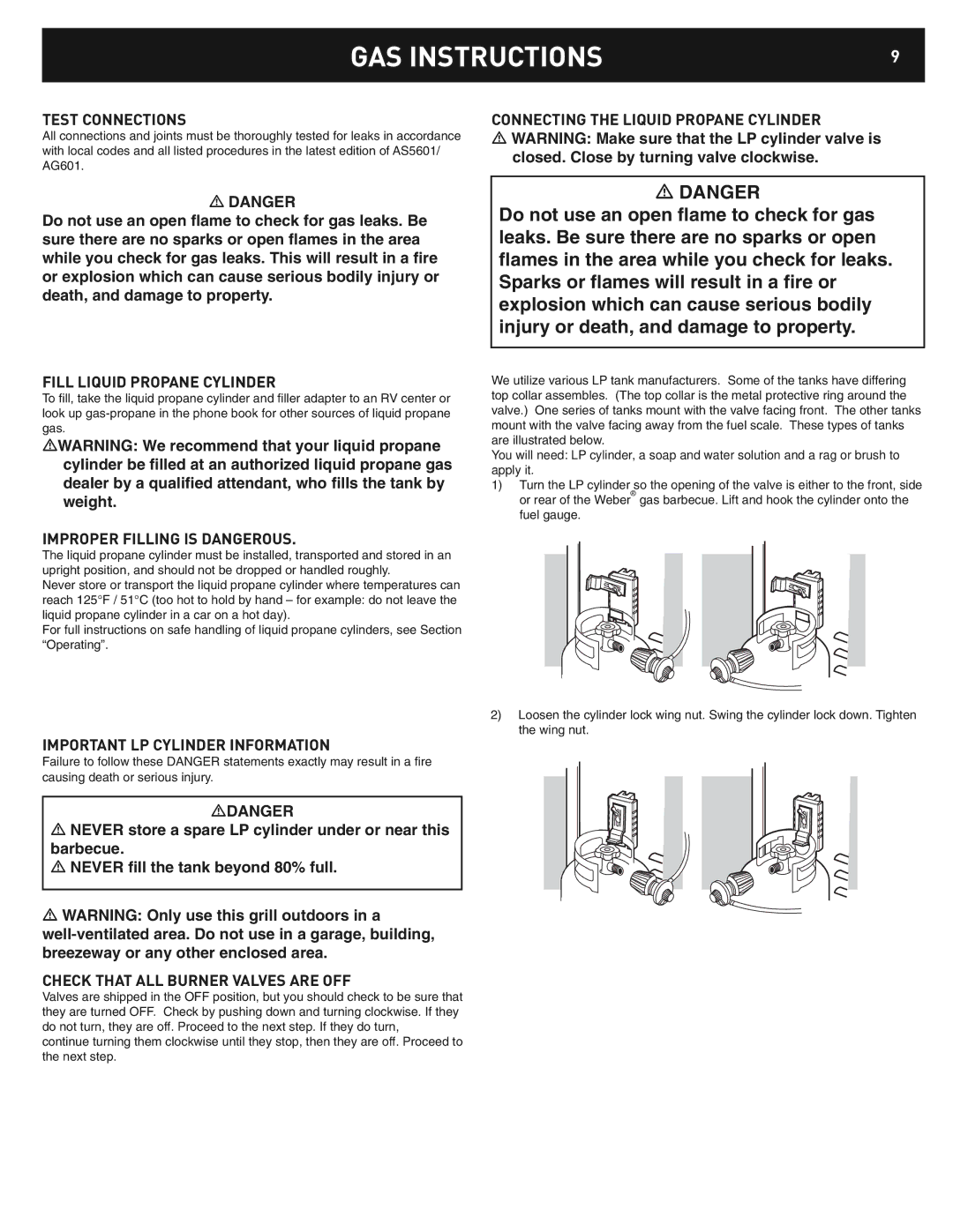 Weber Built In LP Side Burner, 42376 Test Connections Connecting the Liquid Propane Cylinder, Fill Liquid Propane Cylinder 