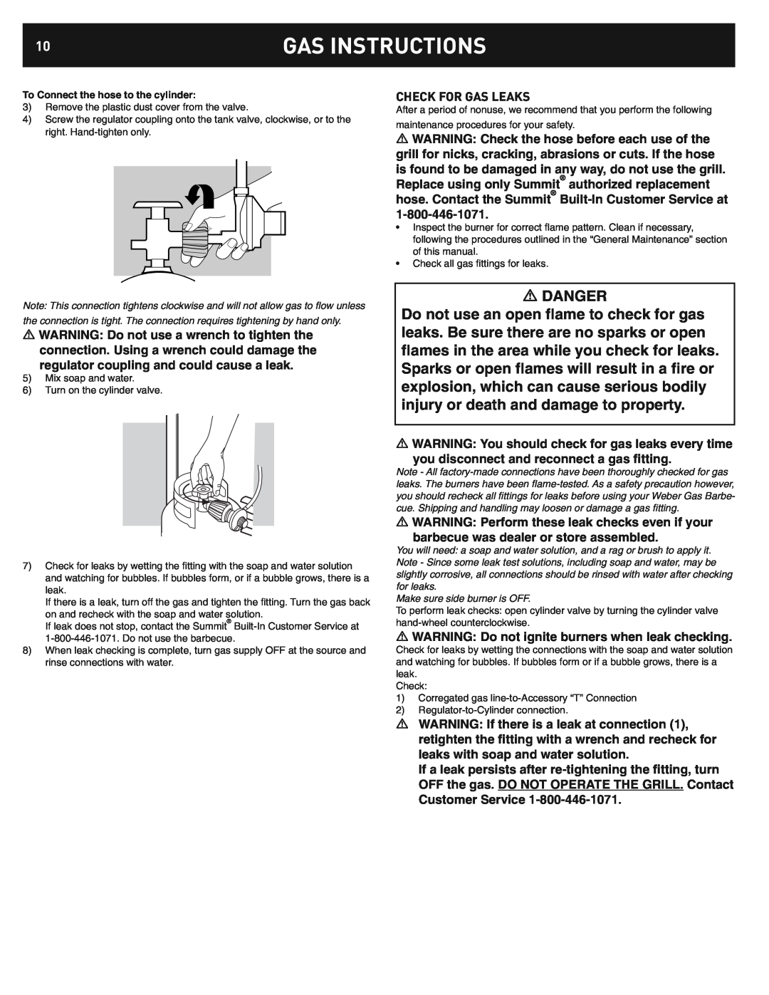 Weber 42376, Built In LP Side Burner manual Check For Gas Leaks, Gas Instructions, Danger 