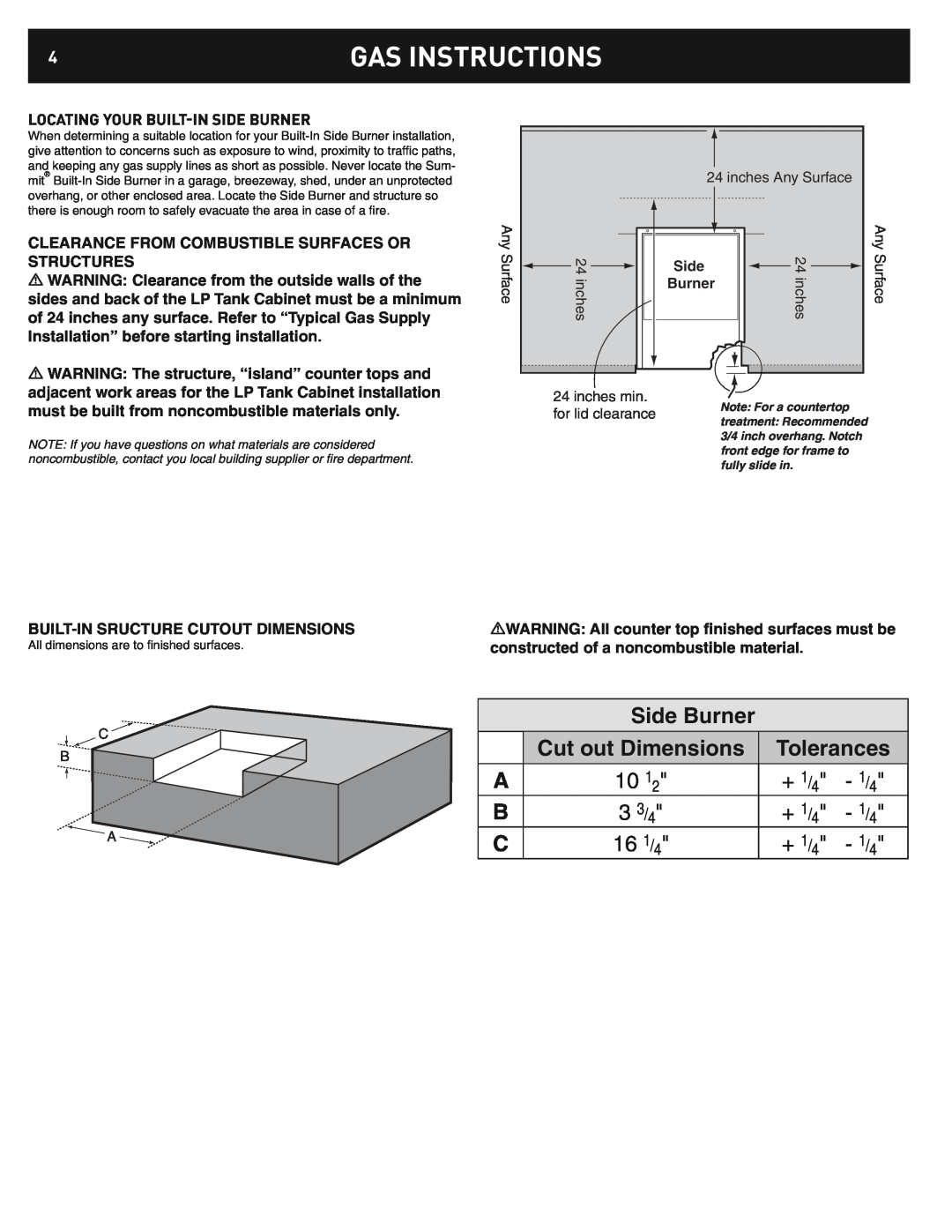 Weber 42376 Gas Instructions, Locating Your Built-Inside Burner, Side Burner, Cut out Dimensions, Tolerances, + 1/4 - 1/4 