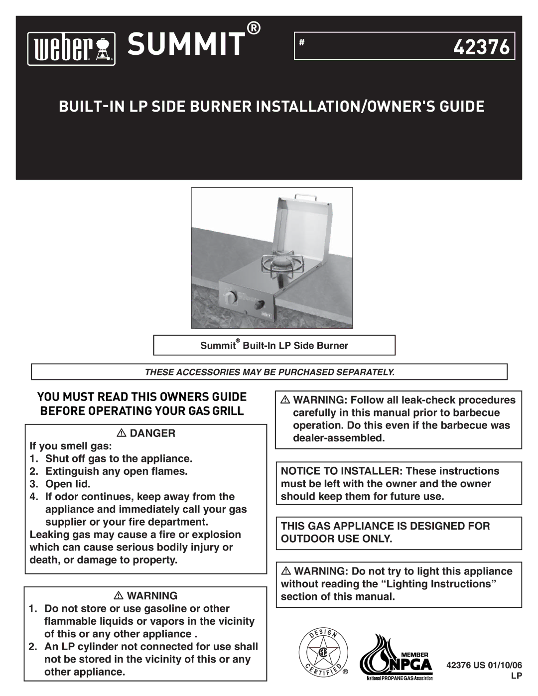 Weber 42376 manual Summit, BUILT-IN LP Side Burner INSTALLATION/OWNERS Guide 