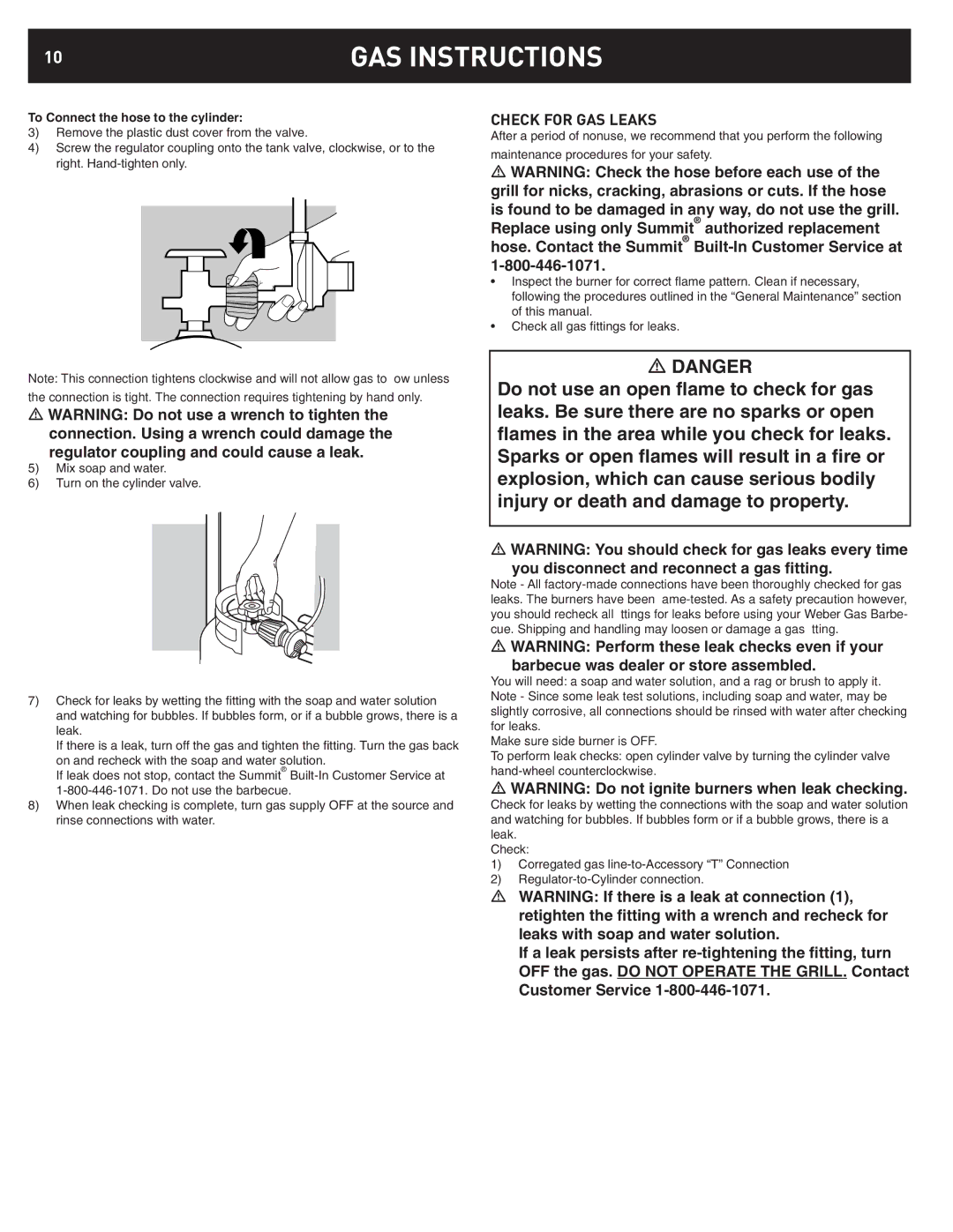 Weber 42376 manual Check for GAS Leaks, To Connect the hose to the cylinder 