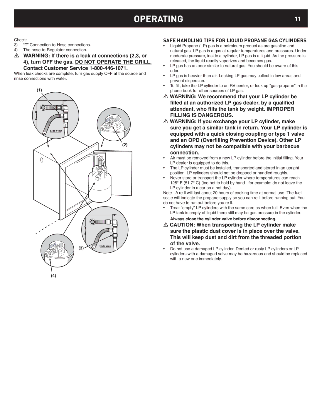 Weber 42376 manual OPERATING11, Safe Handling Tips for Liquid Propane GAS Cylinders 