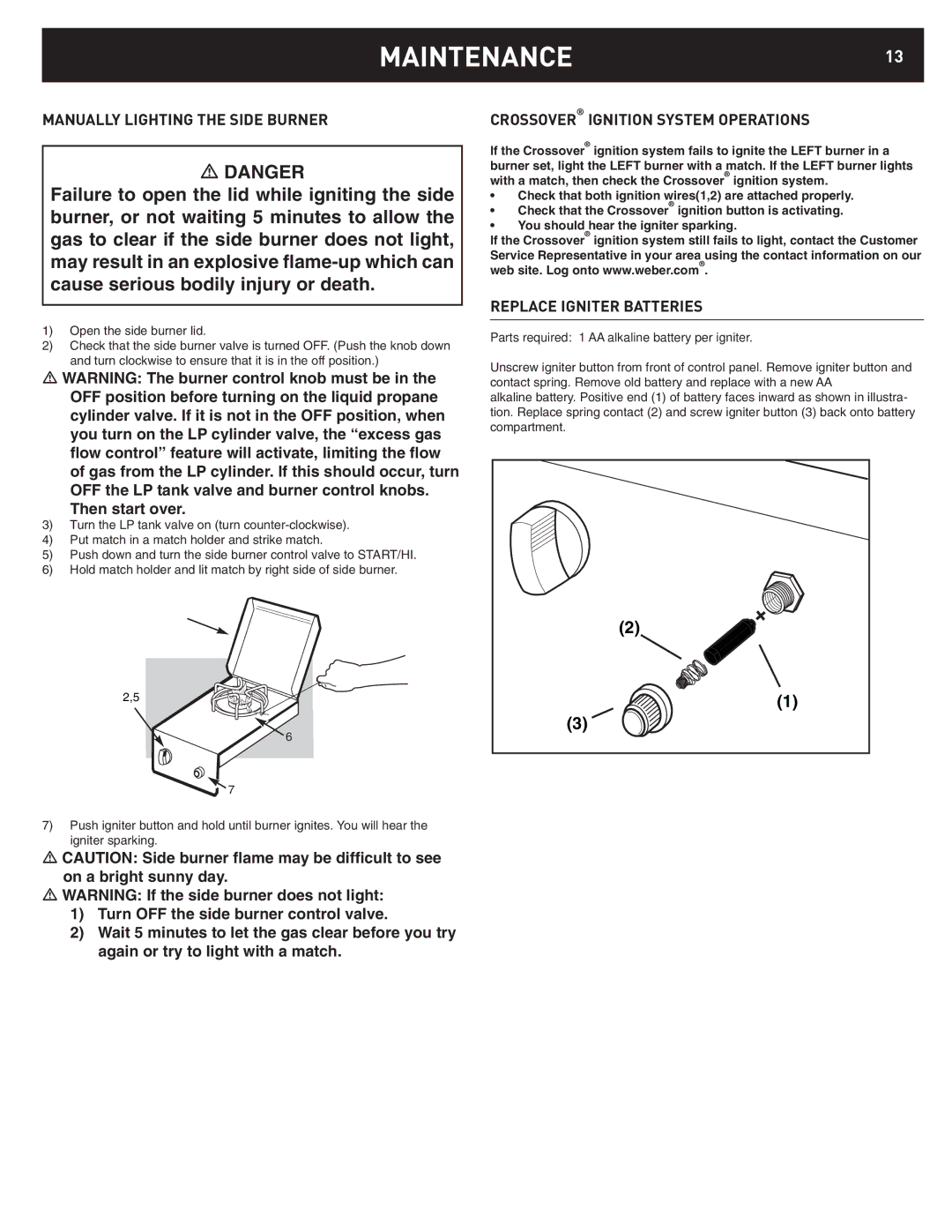 Weber 42376 manual MAINTENANCE13, Manually Lighting the Side Burner, Crossover Ignition System Operations 