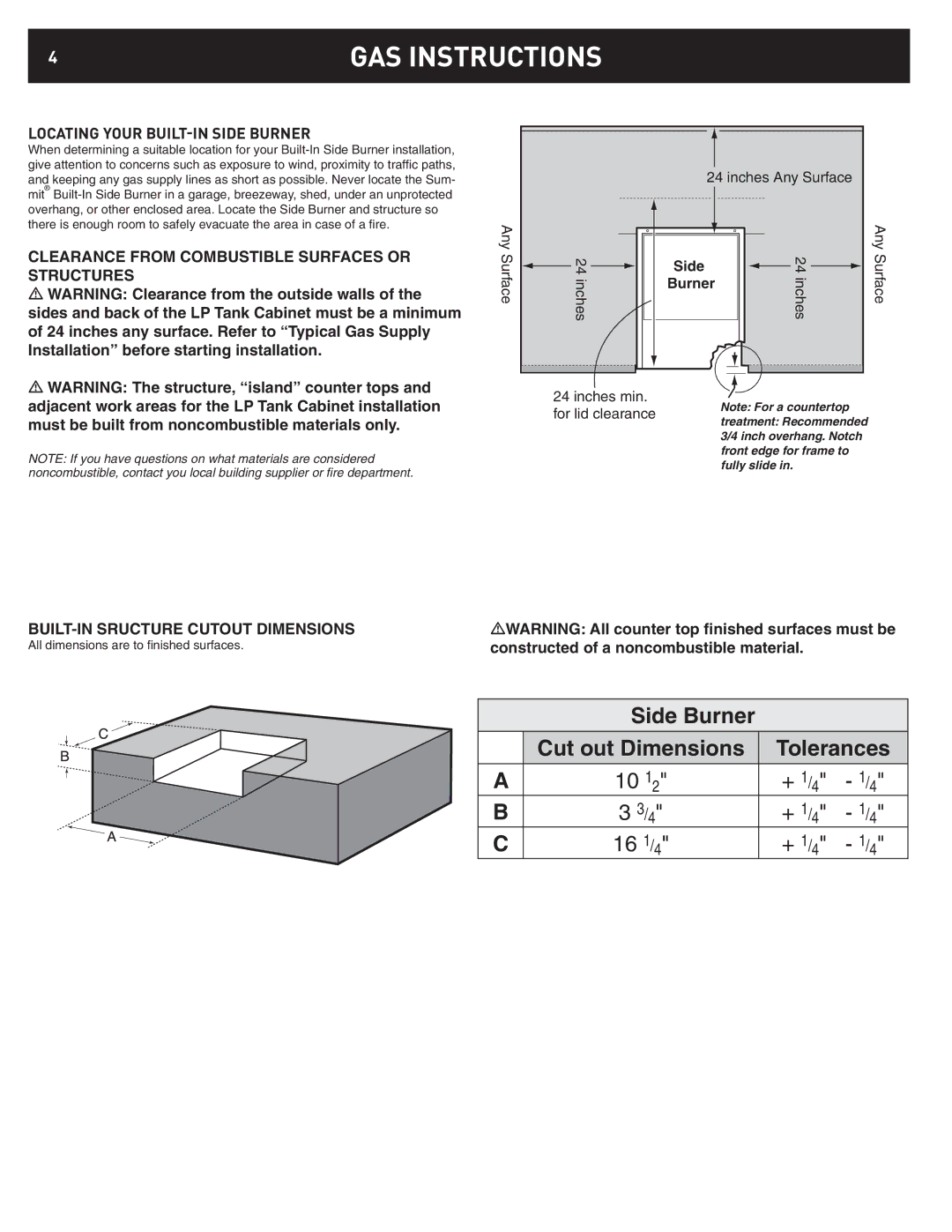 Weber 42376 manual GAS Instructions, Locating Your BUILT-IN Side Burner, All dimensions are to ﬁ nished surfaces 