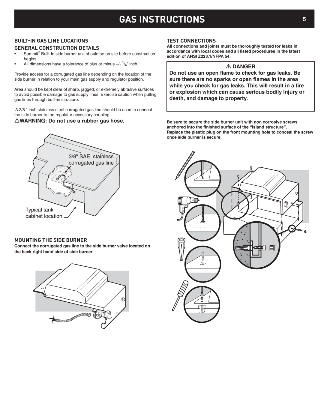 Weber 42376 manual BUILT-IN GAS Line Locations General Construction Details, Test Connections, Mounting the Side Burner 