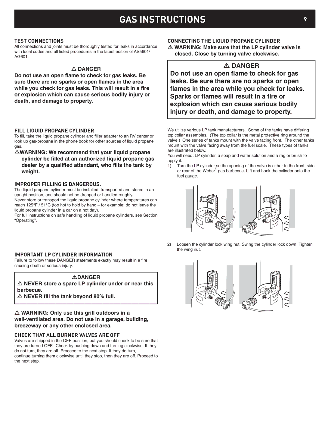 Weber 42376 manual Test Connections Connecting the Liquid Propane Cylinder, Fill Liquid Propane Cylinder 