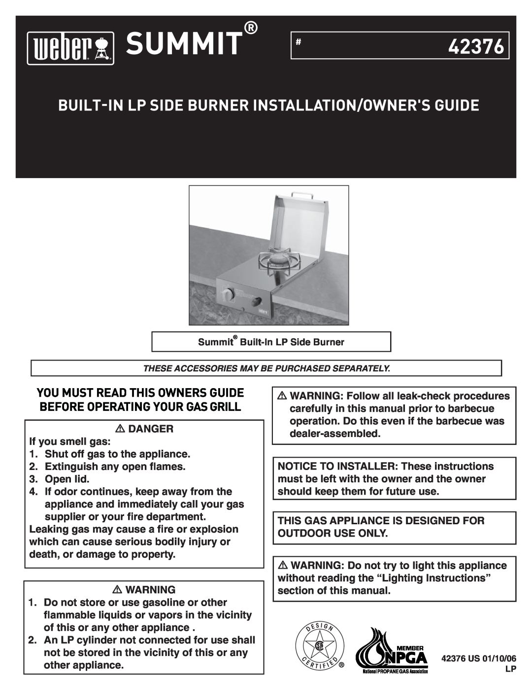 Weber manual Built-Inlp Side Burner Installation/Owners Guide, DANGER If you smell gas, Summit, #42376 