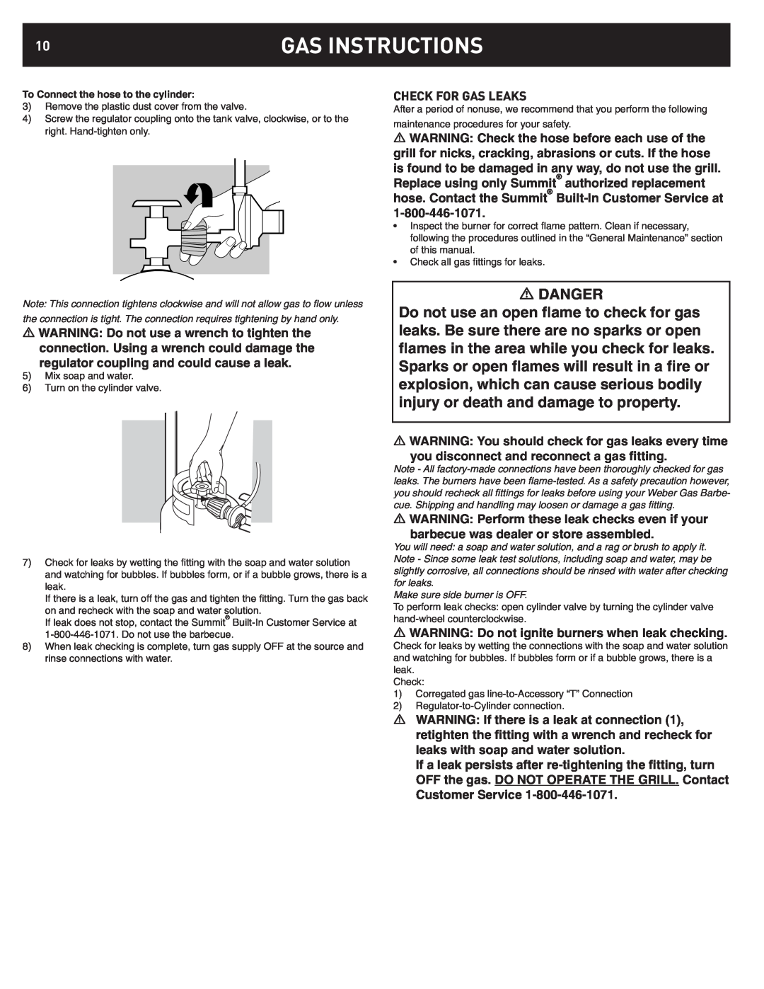 Weber 42376 manual Check For Gas Leaks, Gas Instructions, Danger 