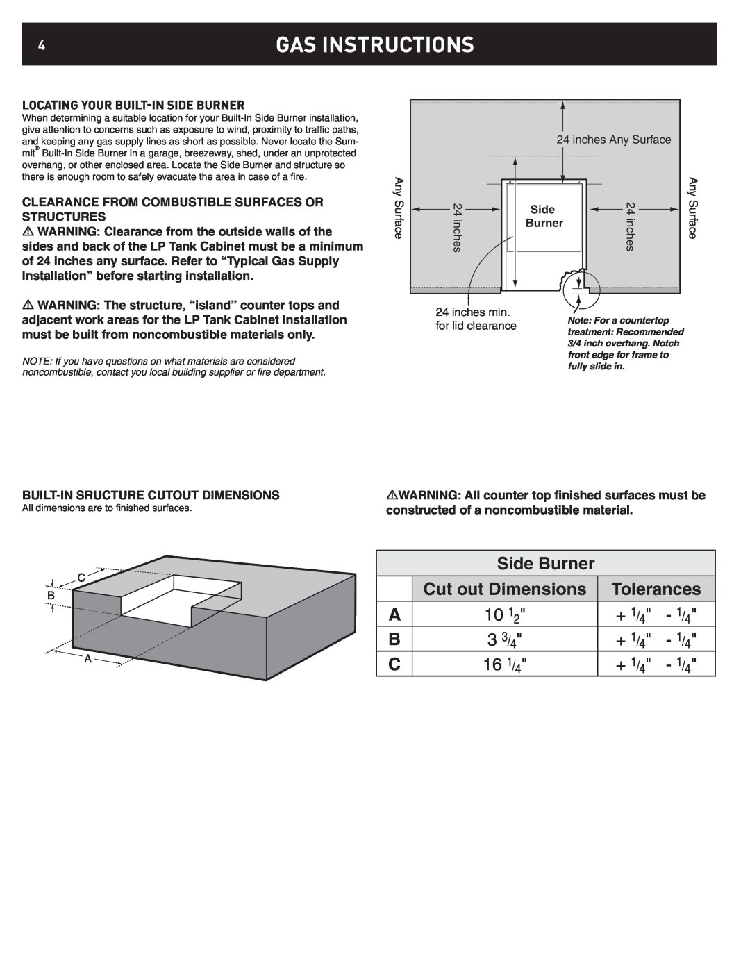 Weber 42376 Gas Instructions, Locating Your Built-Inside Burner, Any Surface, inches, Side Burner, Cut out Dimensions 