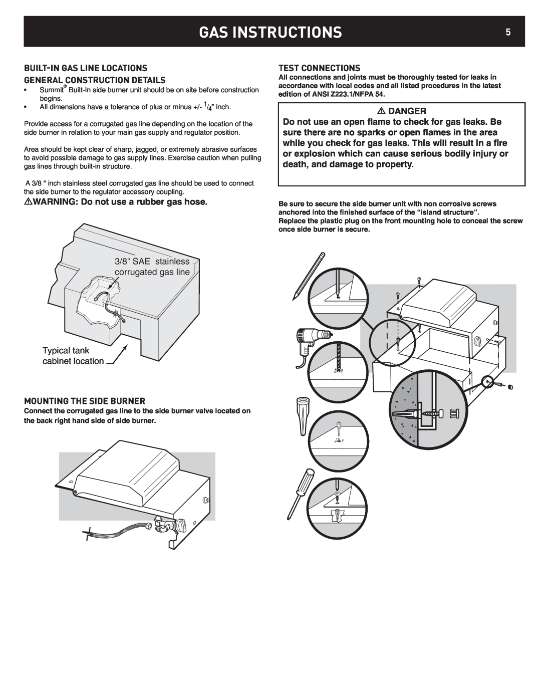 Weber 42376 manual Built-Ingas Line Locations, General Construction Details, Test Connections, Mounting The Side Burner 