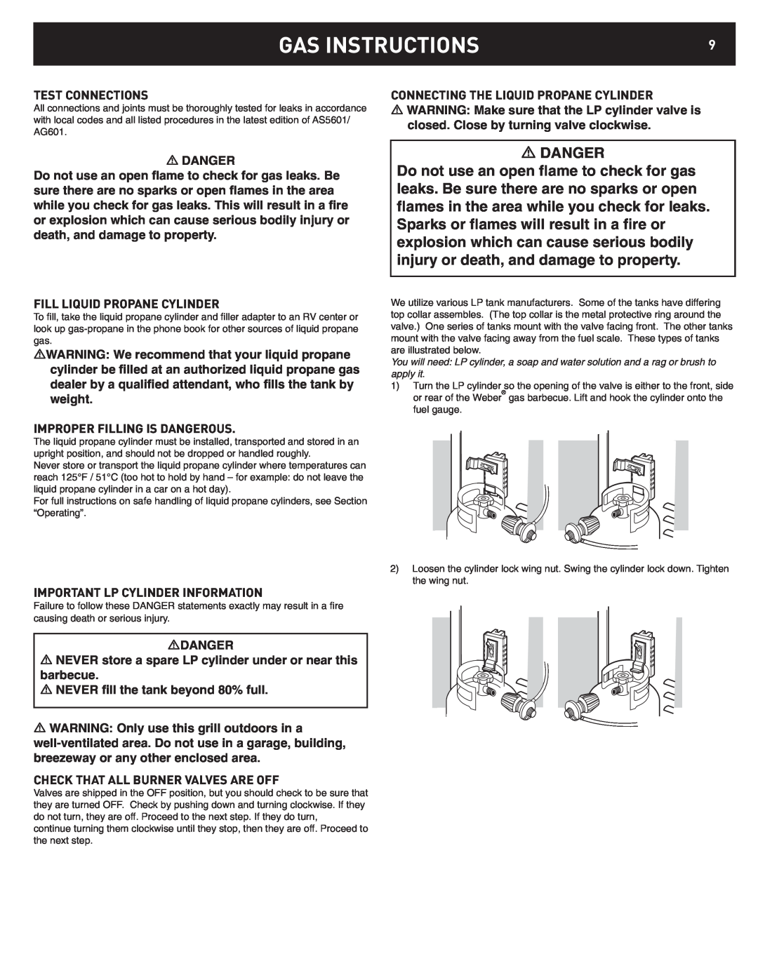 Weber 42376 manual Connecting The Liquid Propane Cylinder, Fill Liquid Propane Cylinder, Improper Filling Is Dangerous 