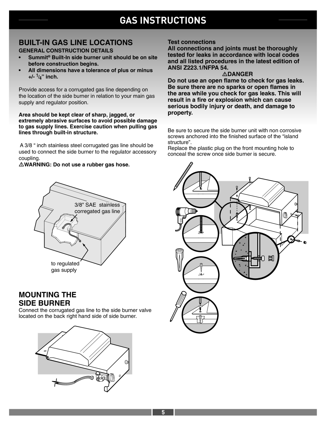 Weber 42377 manual BUILT-IN GAS Line Locations, Mounting Side Burner, General Construction Details 