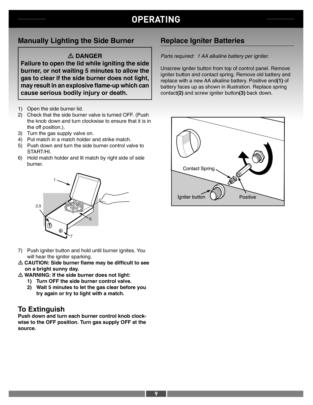 Weber 42377 manual Operating, Manually Lighting the Side Burner Replace Igniter Batteries, To Extinguish 