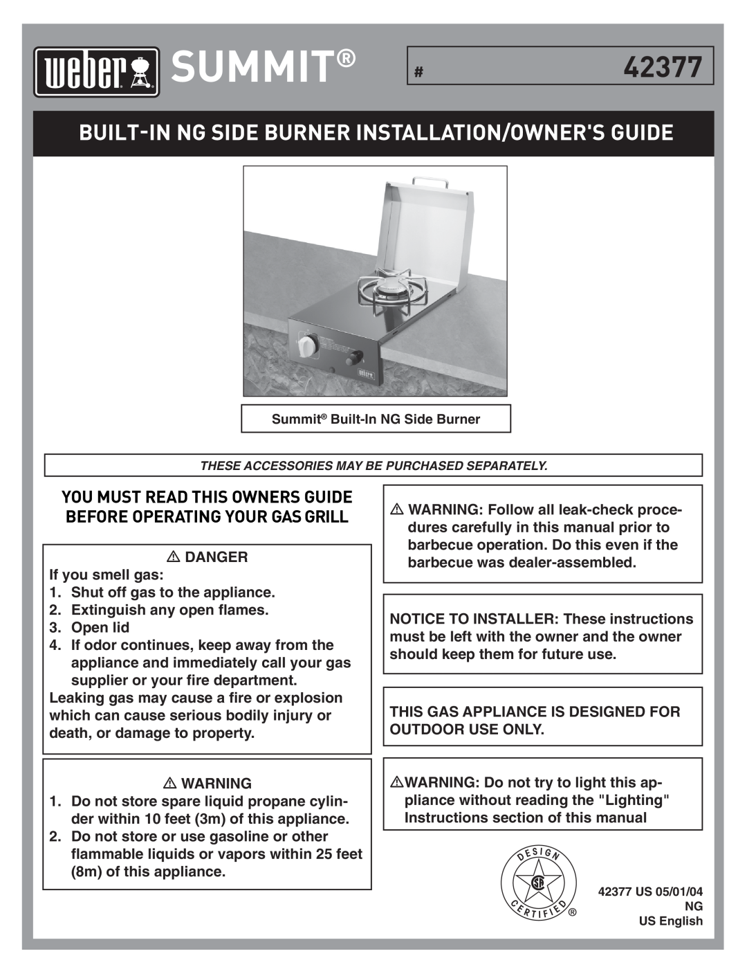 Weber Summit Built-In NG Side Burner manual Built-Inng Side Burner Installation/Owners Guide, DANGER If you smell gas 