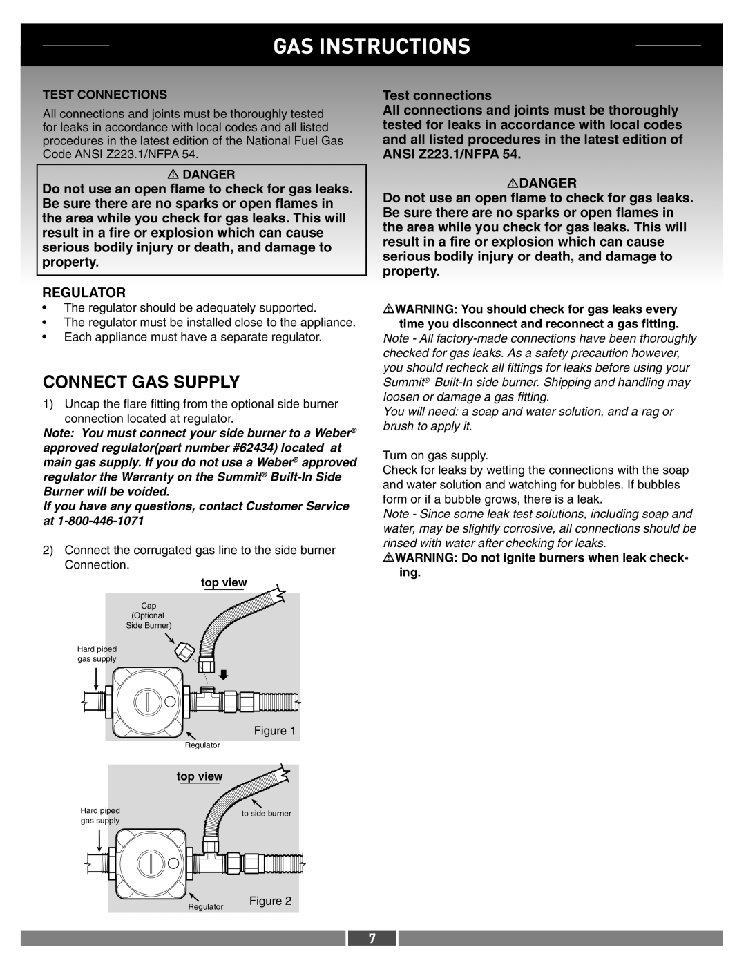 Weber 42377 manual Connect Gas Supply, Regulator, Gas Instructions, Test connections, Danger 