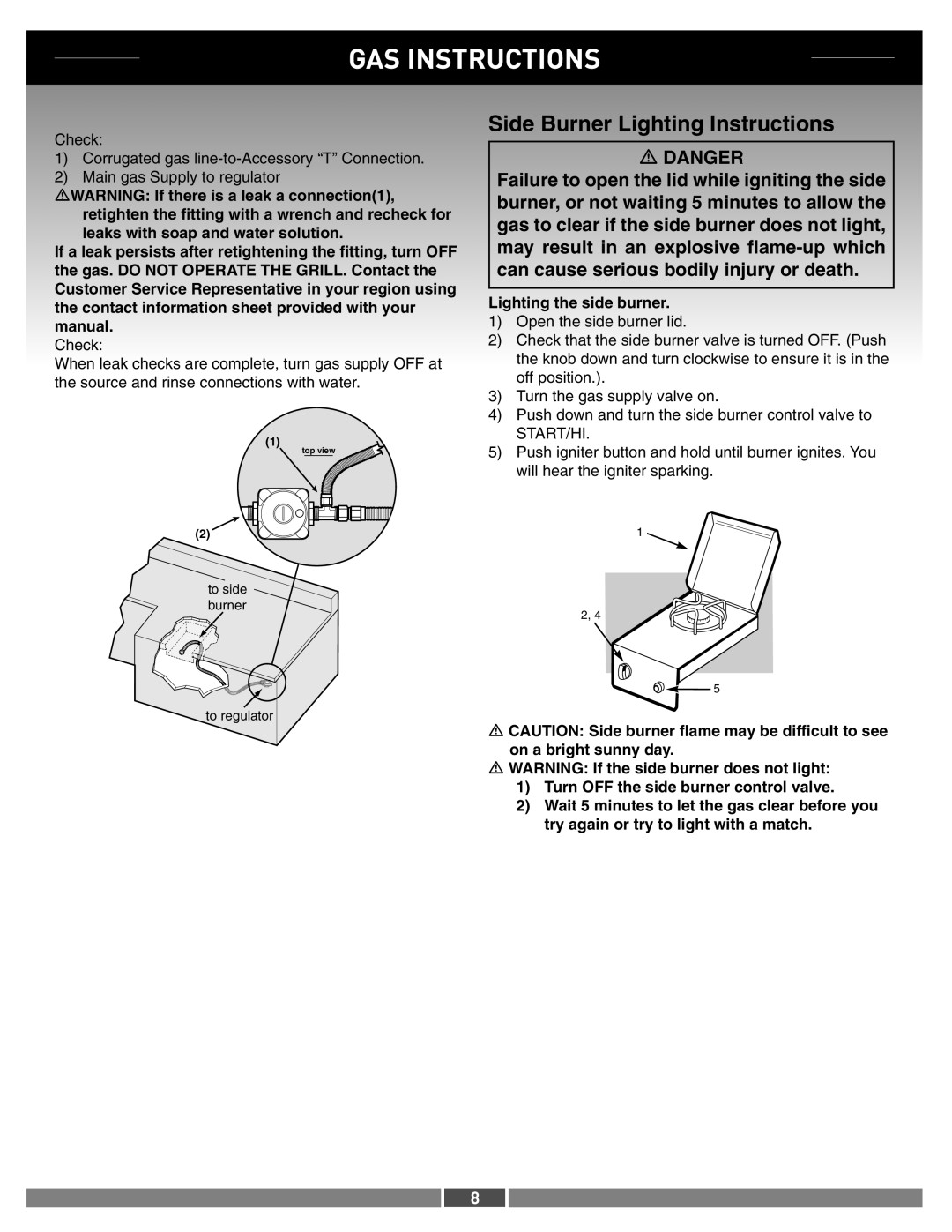 Weber 42377 manual Side Burner Lighting Instructions, Danger, Gas Instructions 