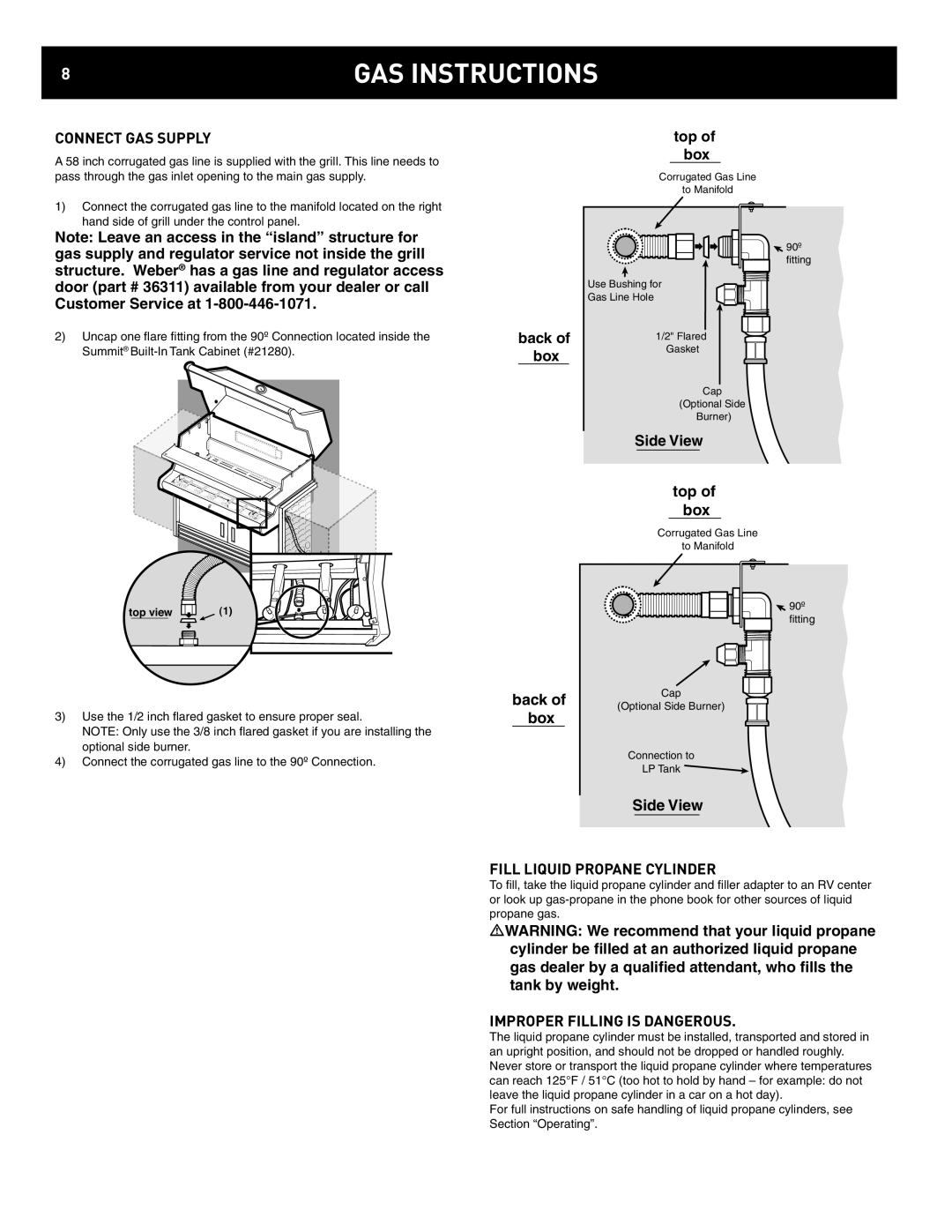 Weber 42390 manual Connect GAS Supply, Fill Liquid Propane Cylinder, Improper Filling is Dangerous 