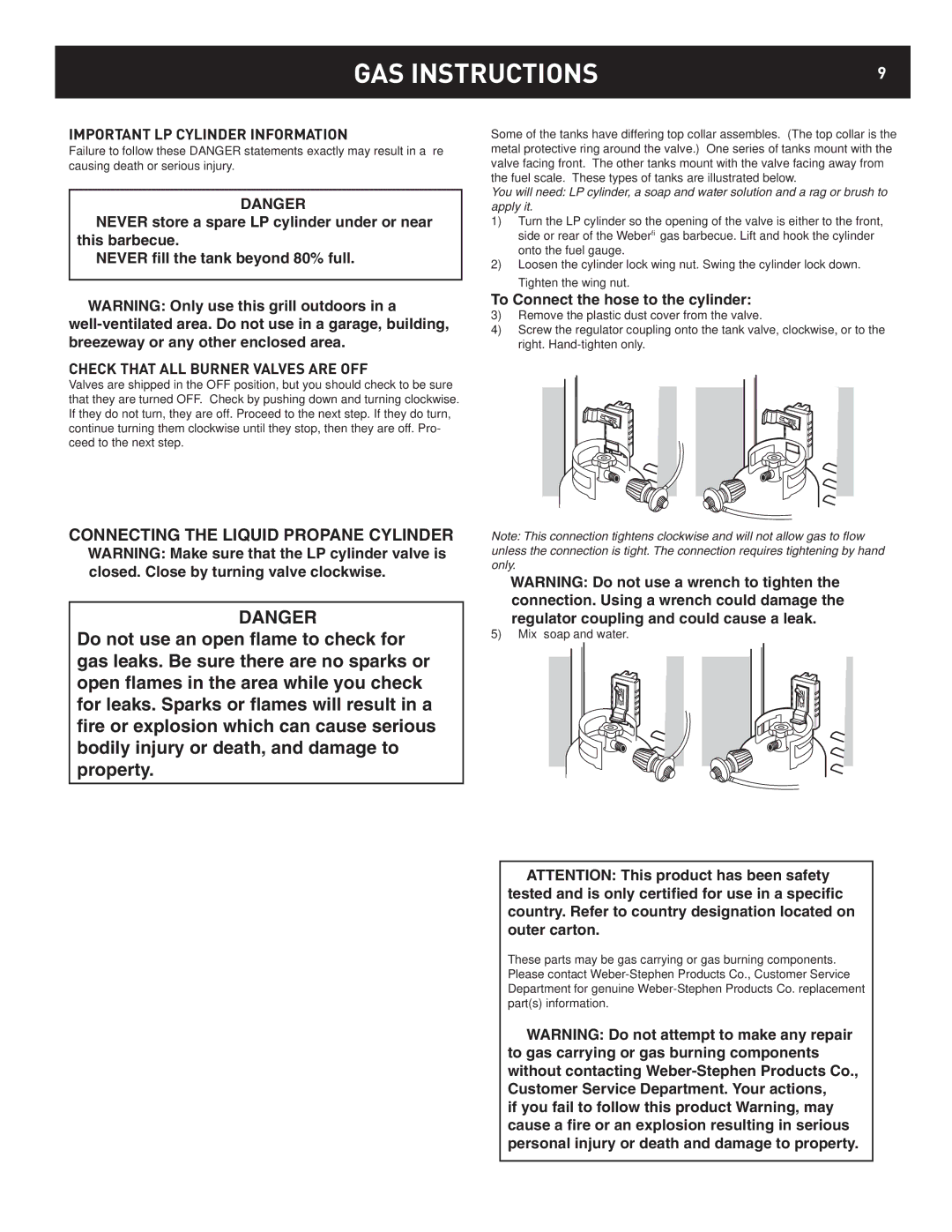 Weber 42390 manual GAS Instructions, Important LP Cylinder Information, Check That ALL Burner Valves are OFF 