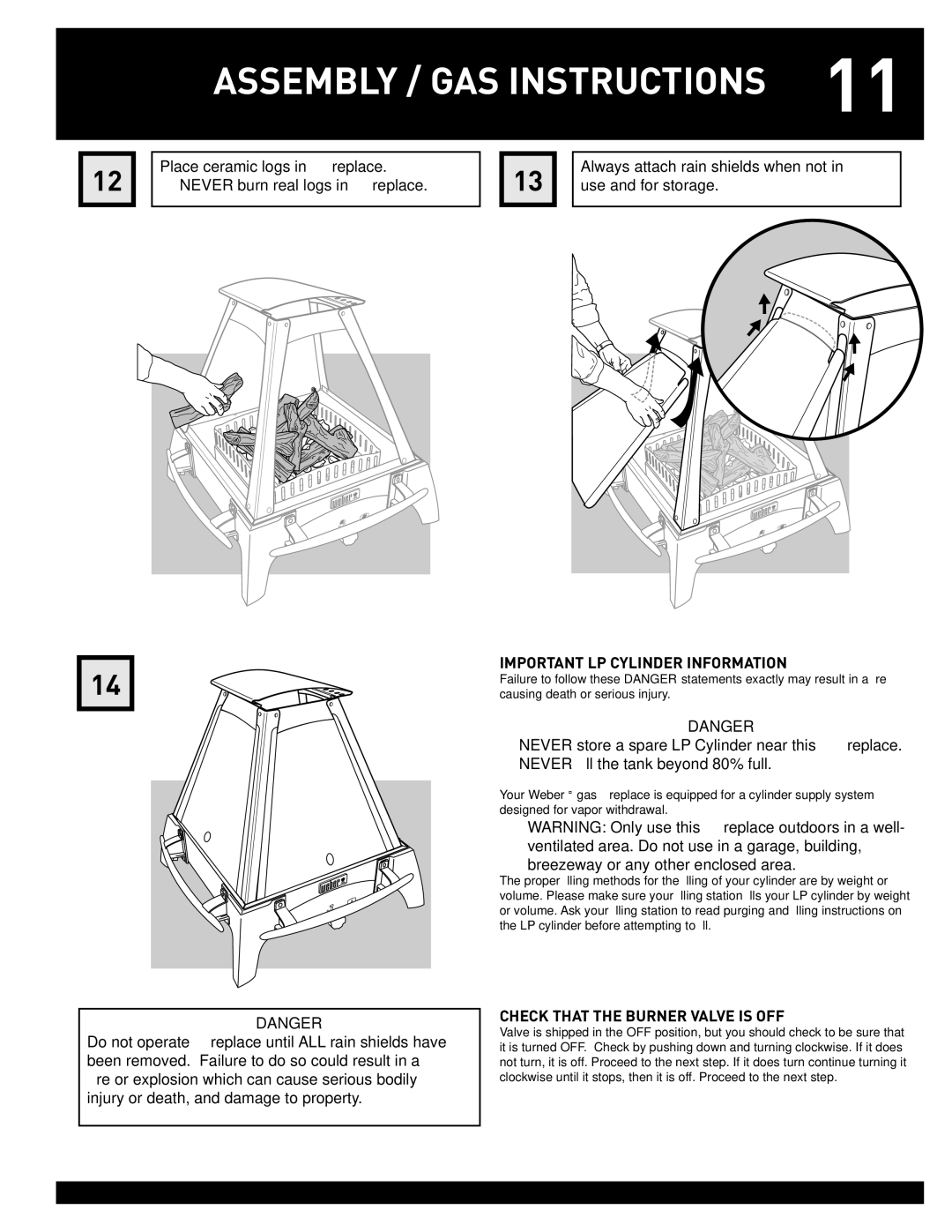 Weber #43028 manual Assembly / GAS Instructions, Important LP Cylinder Information, Check That the Burner Valve is OFF 