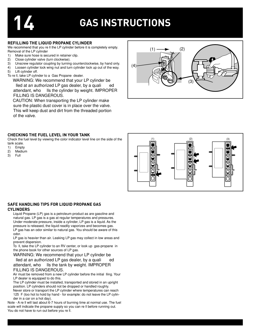 Weber #43028 manual GAS Instructions, Refilling the Liquid Propane Cylinder, Checking the Fuel Level in Your Tank 