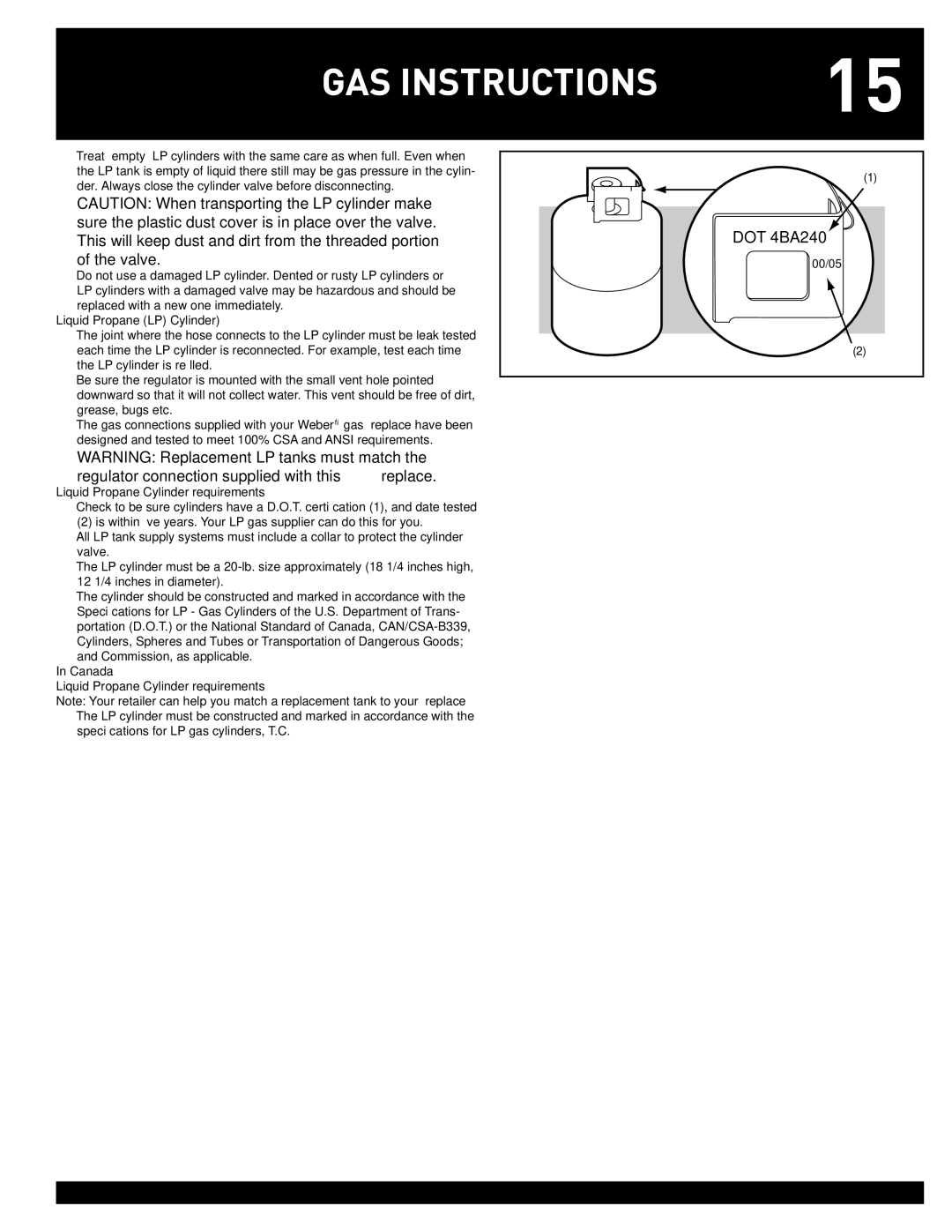 Weber #43028 manual Liquid Propane LP Cylinder, Canada Liquid Propane Cylinder requirements 