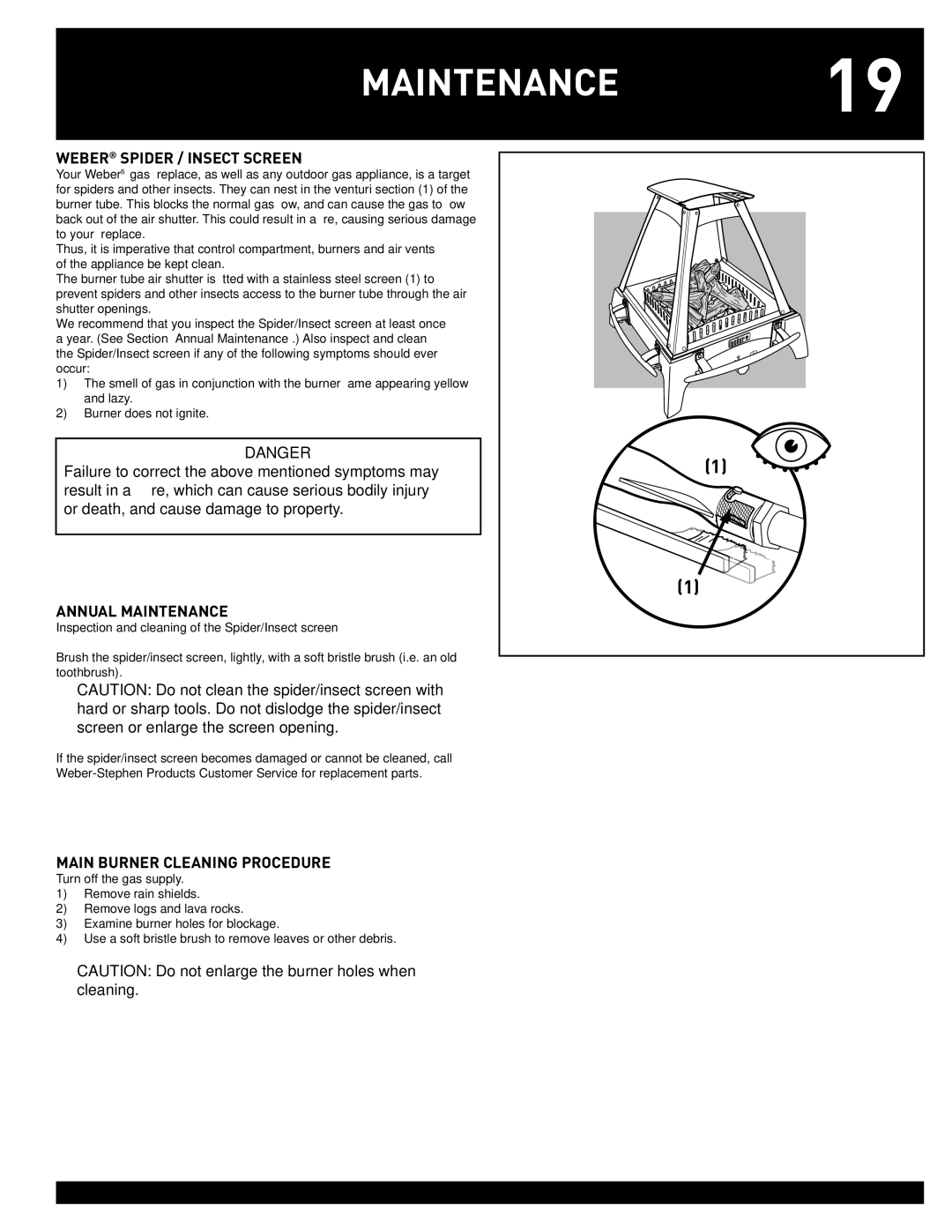 Weber #43028 manual Weber Spider / Insect Screen, Annual Maintenance, Main Burner Cleaning Procedure 