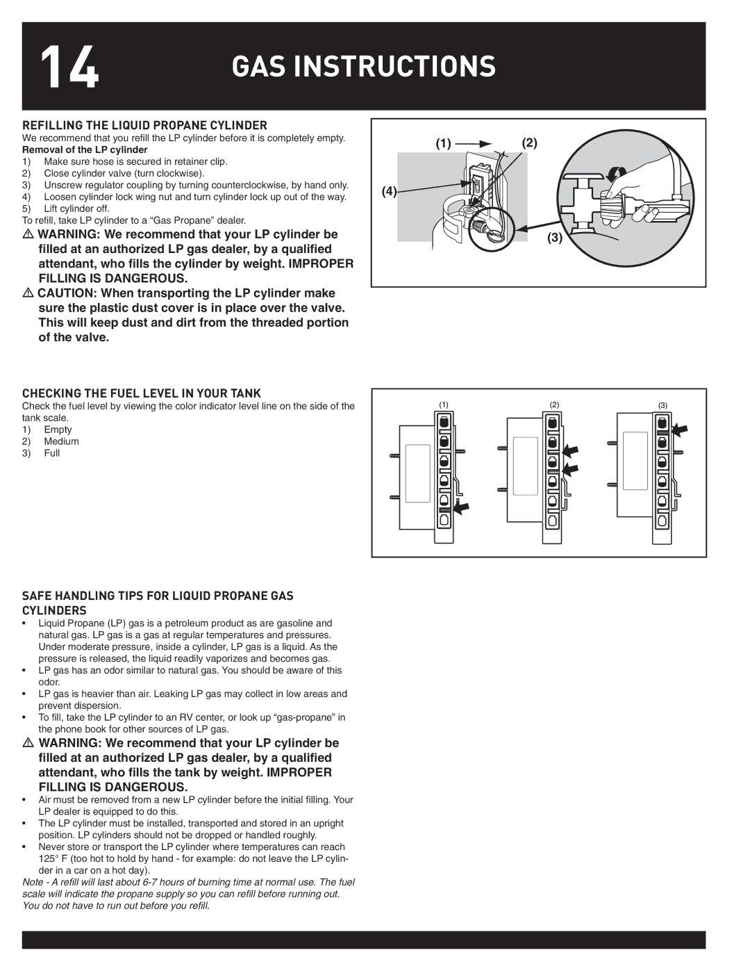 Weber 43028 manual GAS Instructions, Refilling the Liquid Propane Cylinder, Checking the Fuel Level in Your Tank 