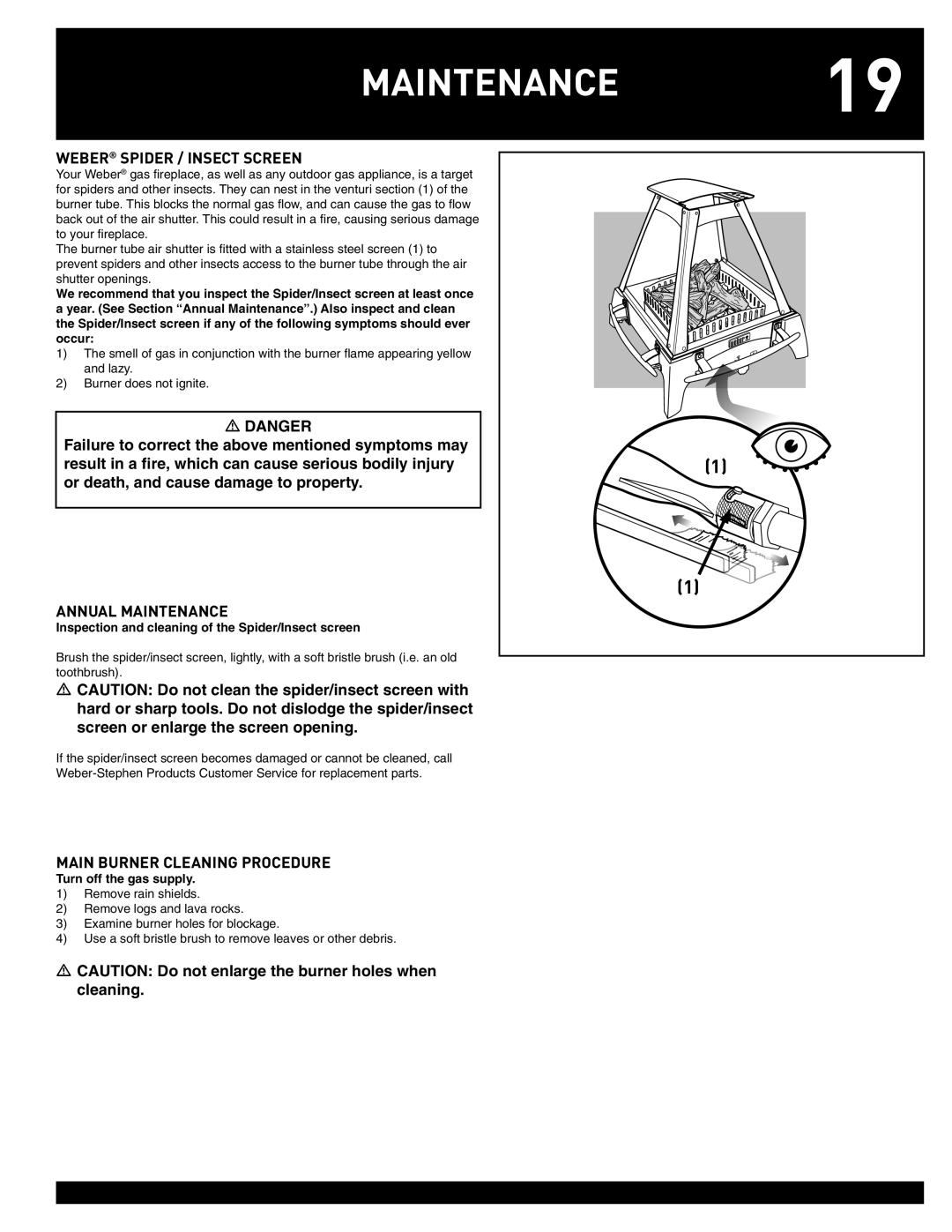 Weber 43028 manual Weber Spider / Insect Screen, Annual Maintenance, Main Burner Cleaning Procedure 