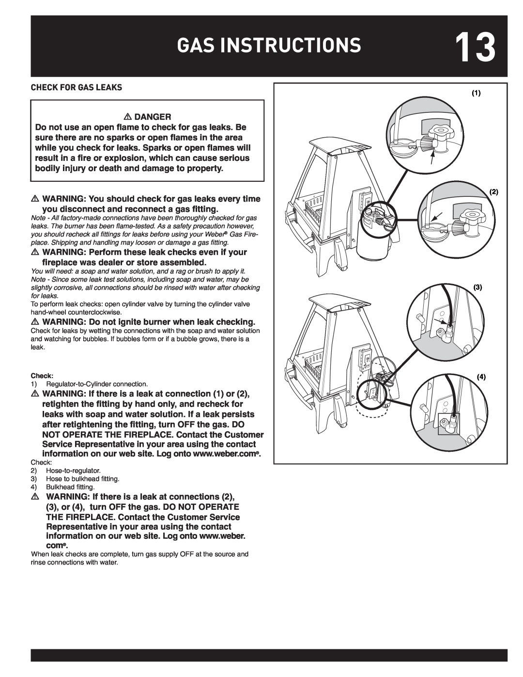 Weber #43028 manual Gas Instructions, Check For Gas Leaks 