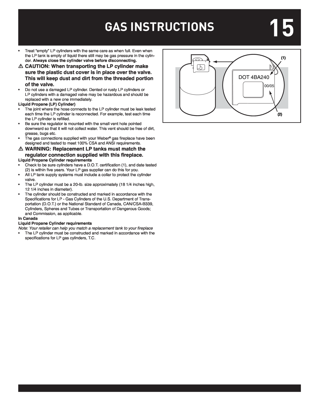 Weber #43028 manual Gas Instructions, DOT 4BA240, Liquid Propane LP Cylinder, Liquid Propane Cylinder requirements 