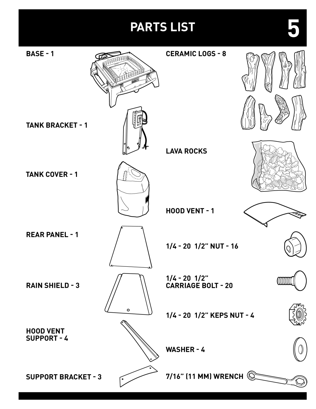 Weber #43028 manual Parts List, Base, Ceramic Logs, Tank Bracket - Lava Rocks Tank Cover, Washer, Support Bracket 