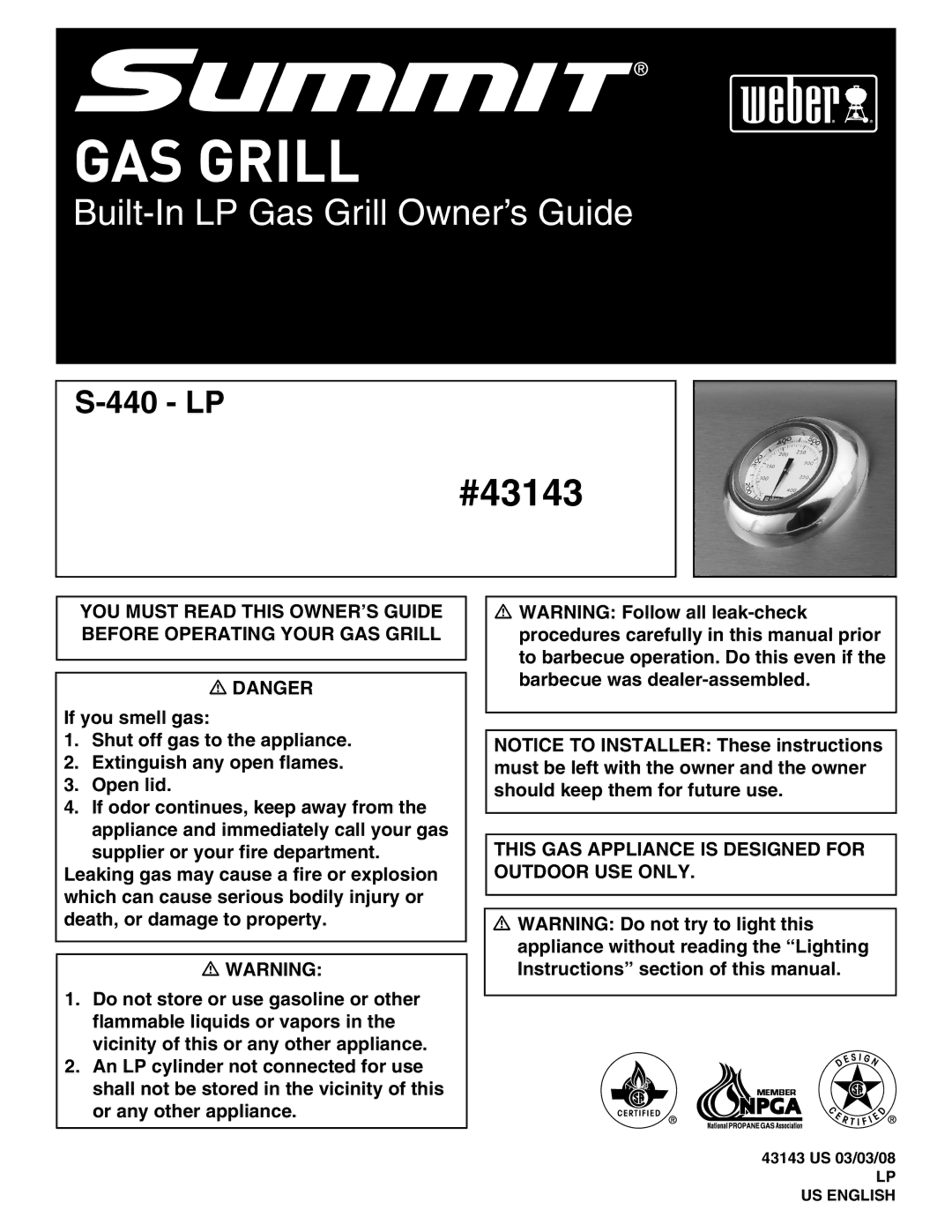 Weber 43143 manual GAS Grill 