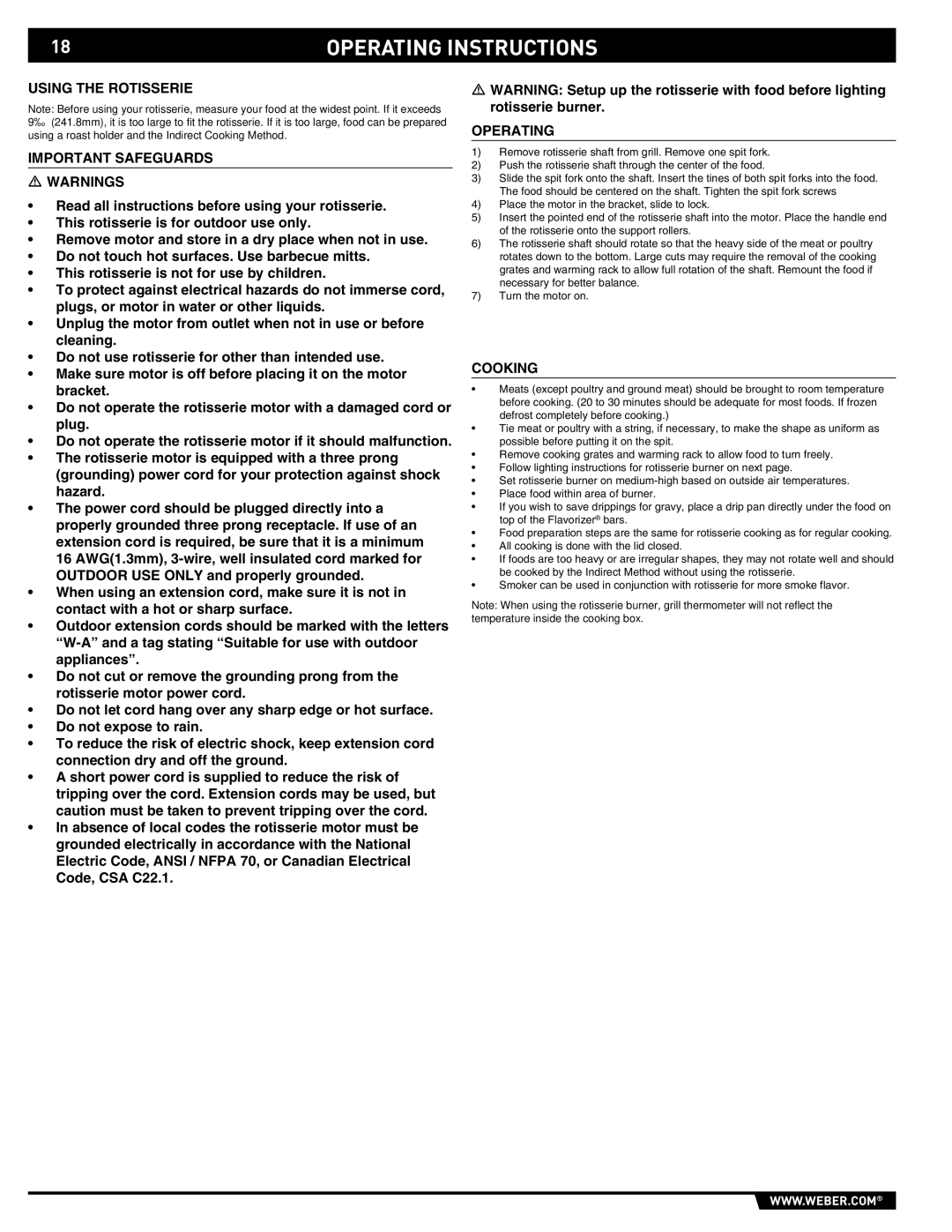 Weber 43143 manual Using the Rotisserie Important Safeguards, Cooking 