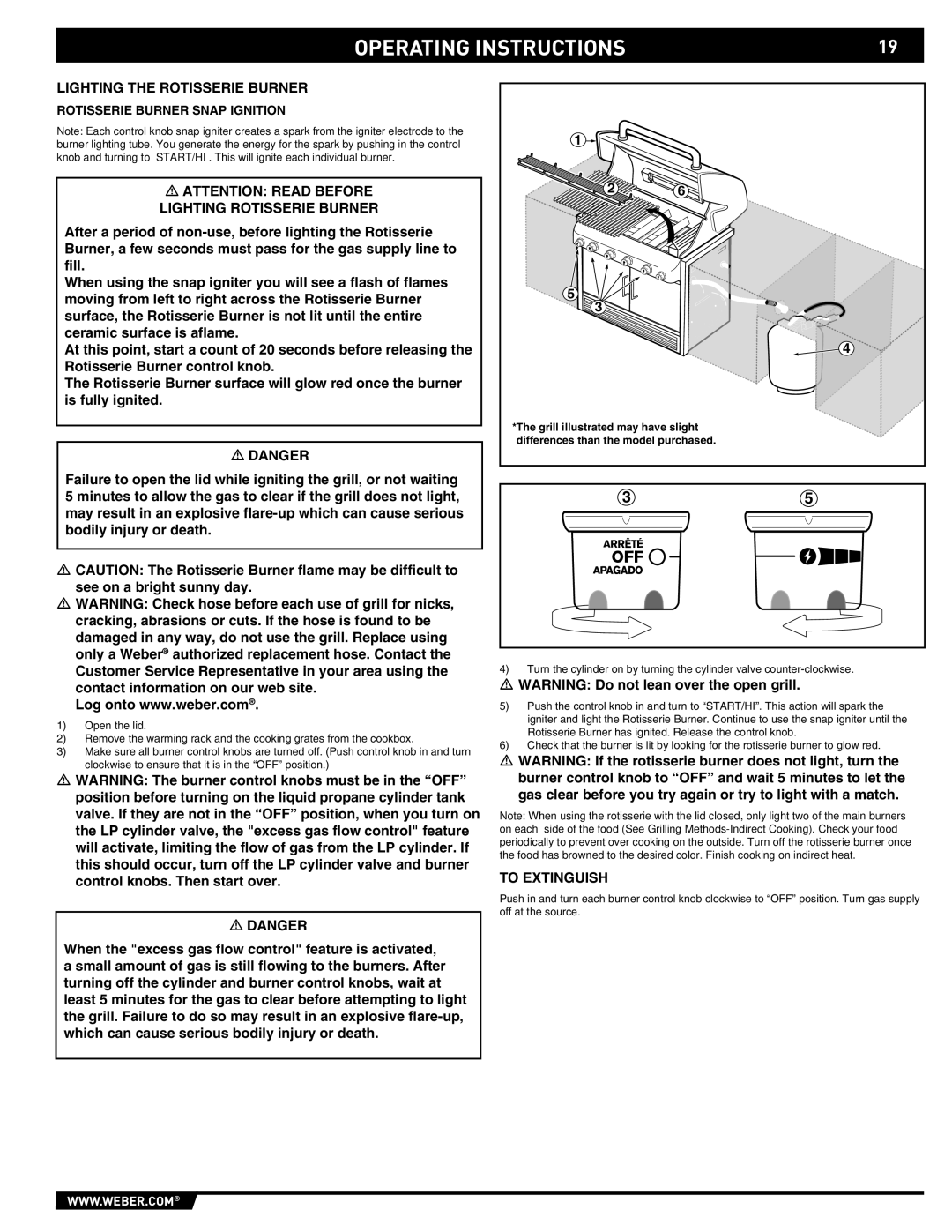 Weber 43143 manual Lighting the Rotisserie Burner, Lighting Rotisserie Burner, Rotisserie Burner Snap Ignition 