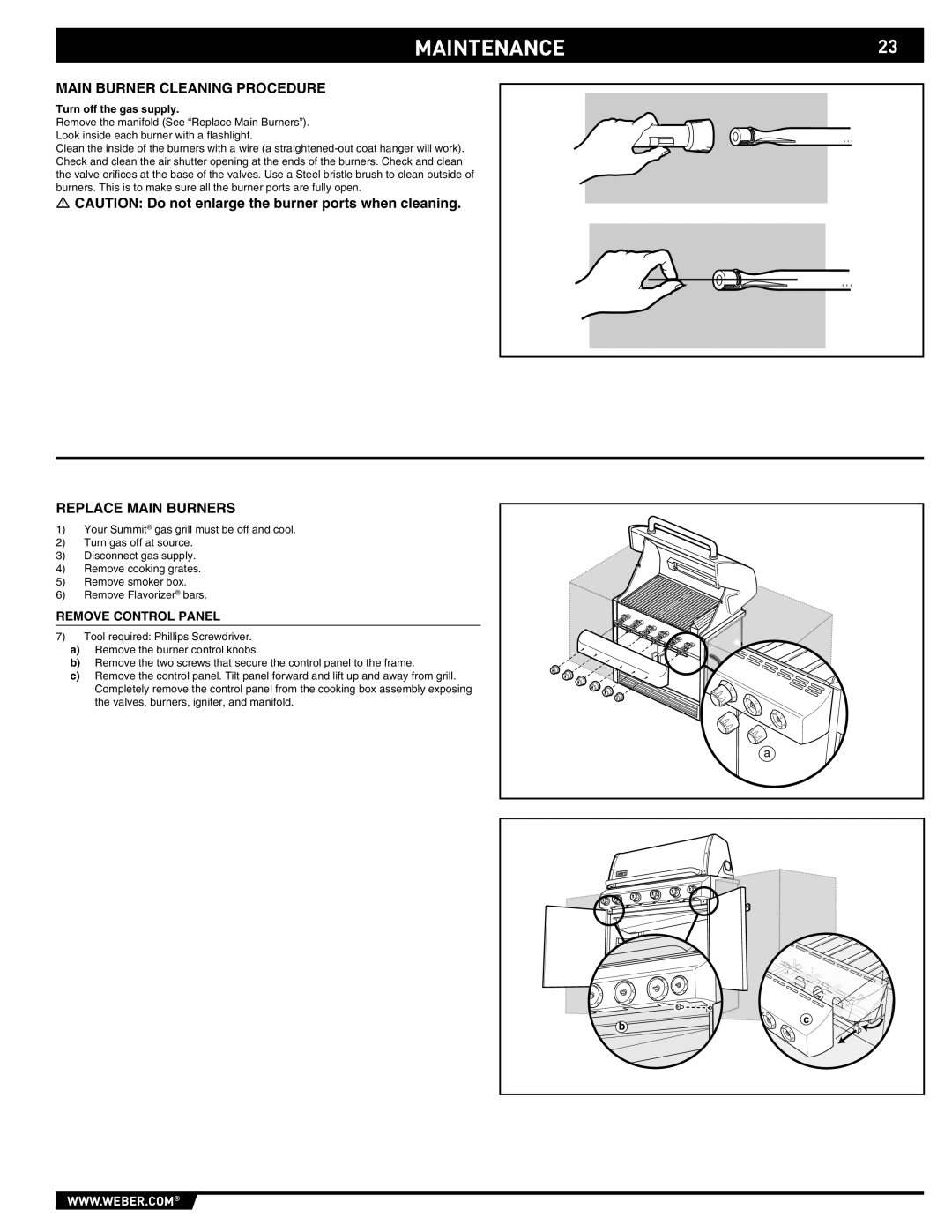 Weber 43143 manual MAINTENANCE23, Main Burner Cleaning Procedure, Replace Main Burners, Remove Control Panel 